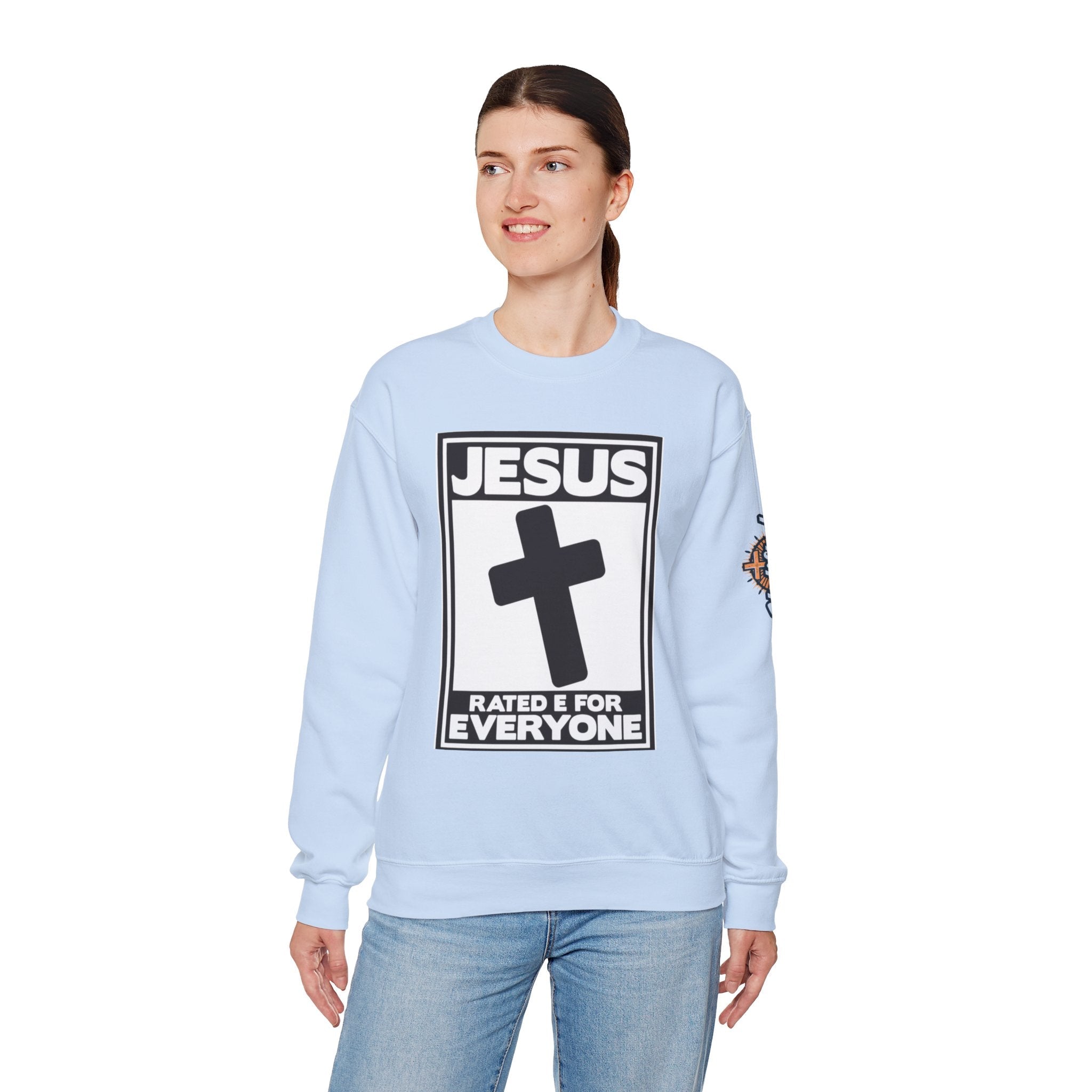 Jesus, Rated E for Everyone Sweatshirt - Gamer Faith Sweatshirt - Christian Video Game Parody Printify
