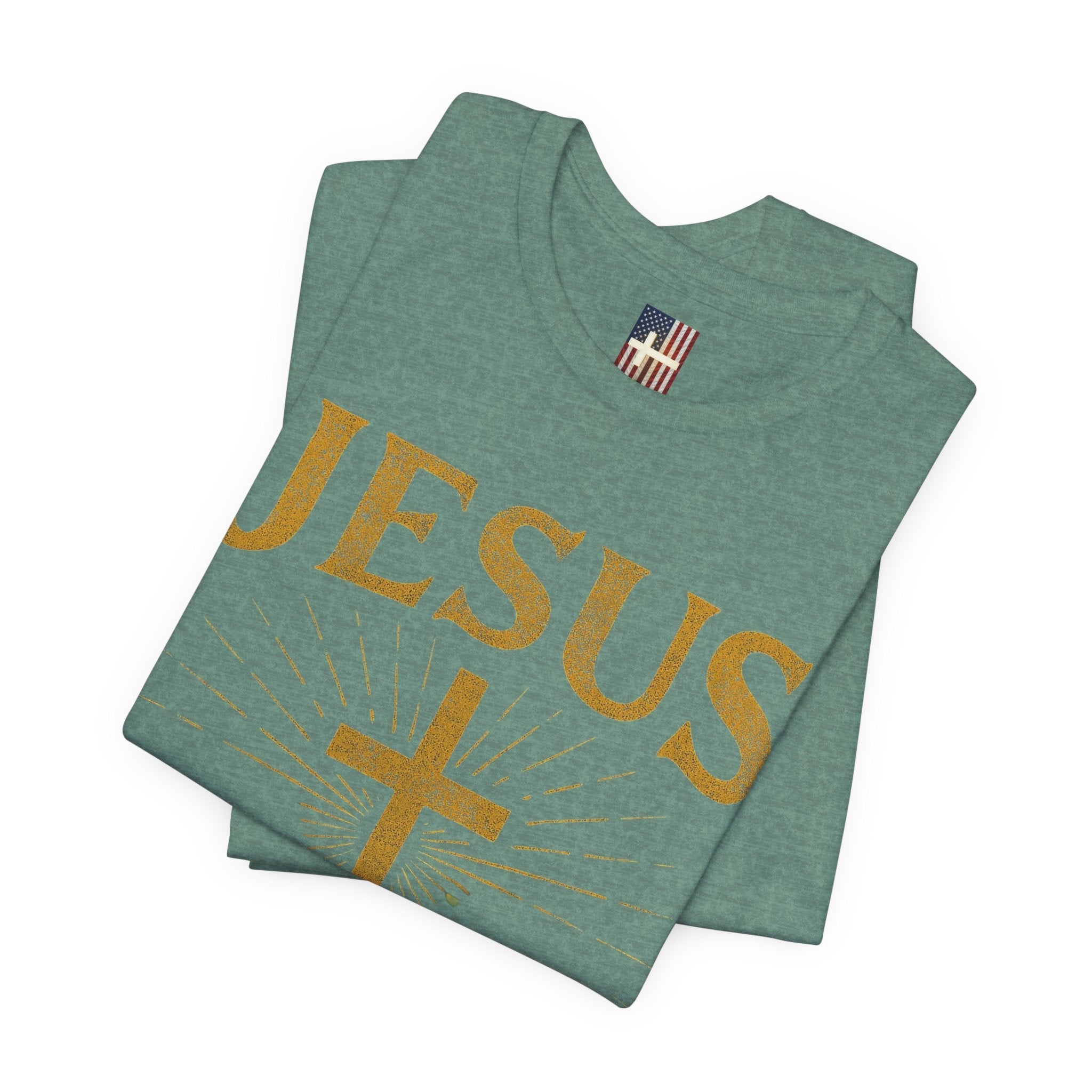 Jesus Saves T-shirt – Radiant Cross & Rays of Light Christian T-shirt for Eternal Hope & Faith Printify