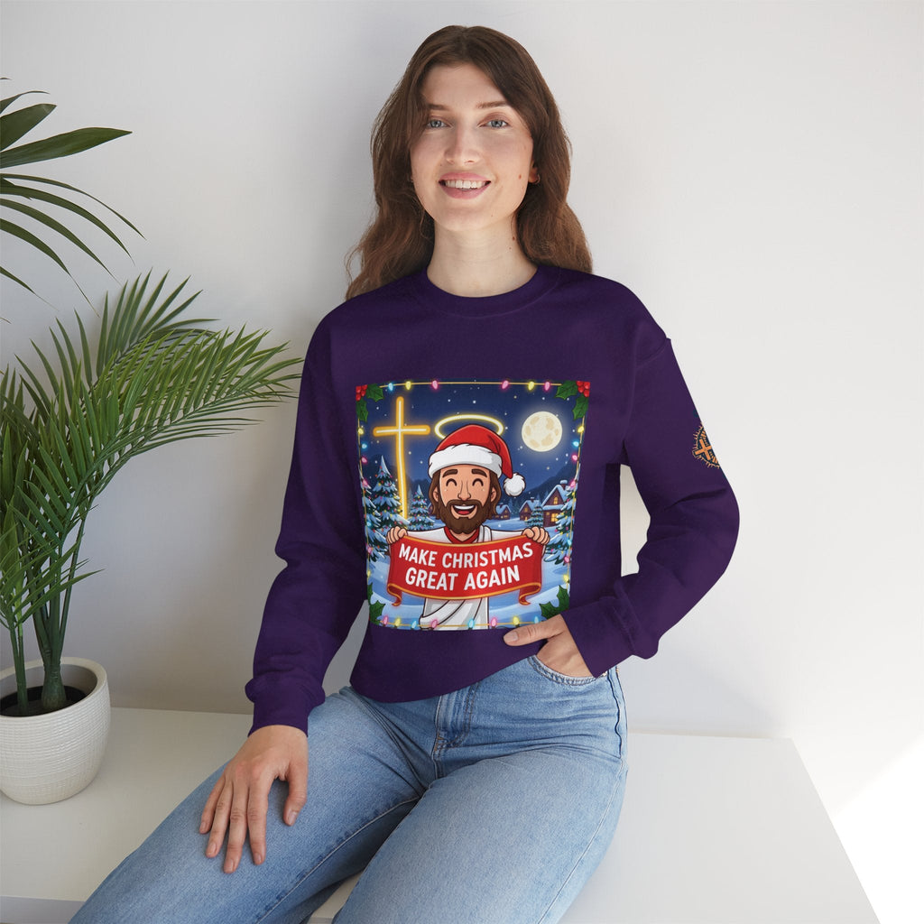 🎄 Make Christmas Great Again – Funny Christian Sweatshirt | Jesus Holding Banner | Faith-Based Holiday Parody Tee | Uplifted Gear Printify