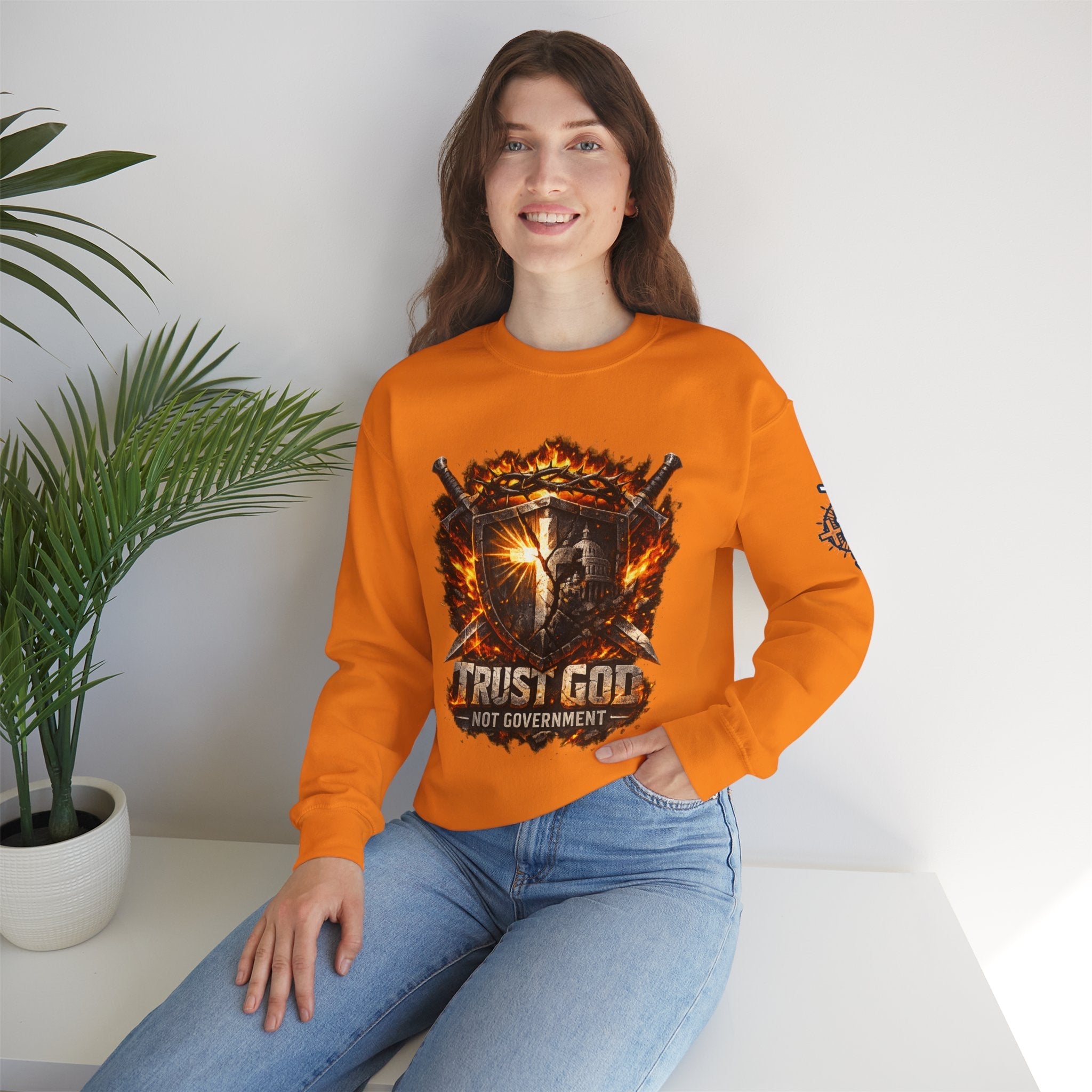Trust God Not Government Shield Sweatshirt — Patriotic Christian Faith Sweatshirt Printify