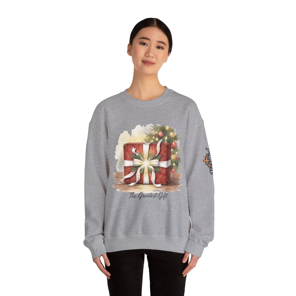 The Greatest Gift Sweatshirt – Cross Bow Present Christian Sweatshirt for Christmas Salvation & Eternal Faith Printify