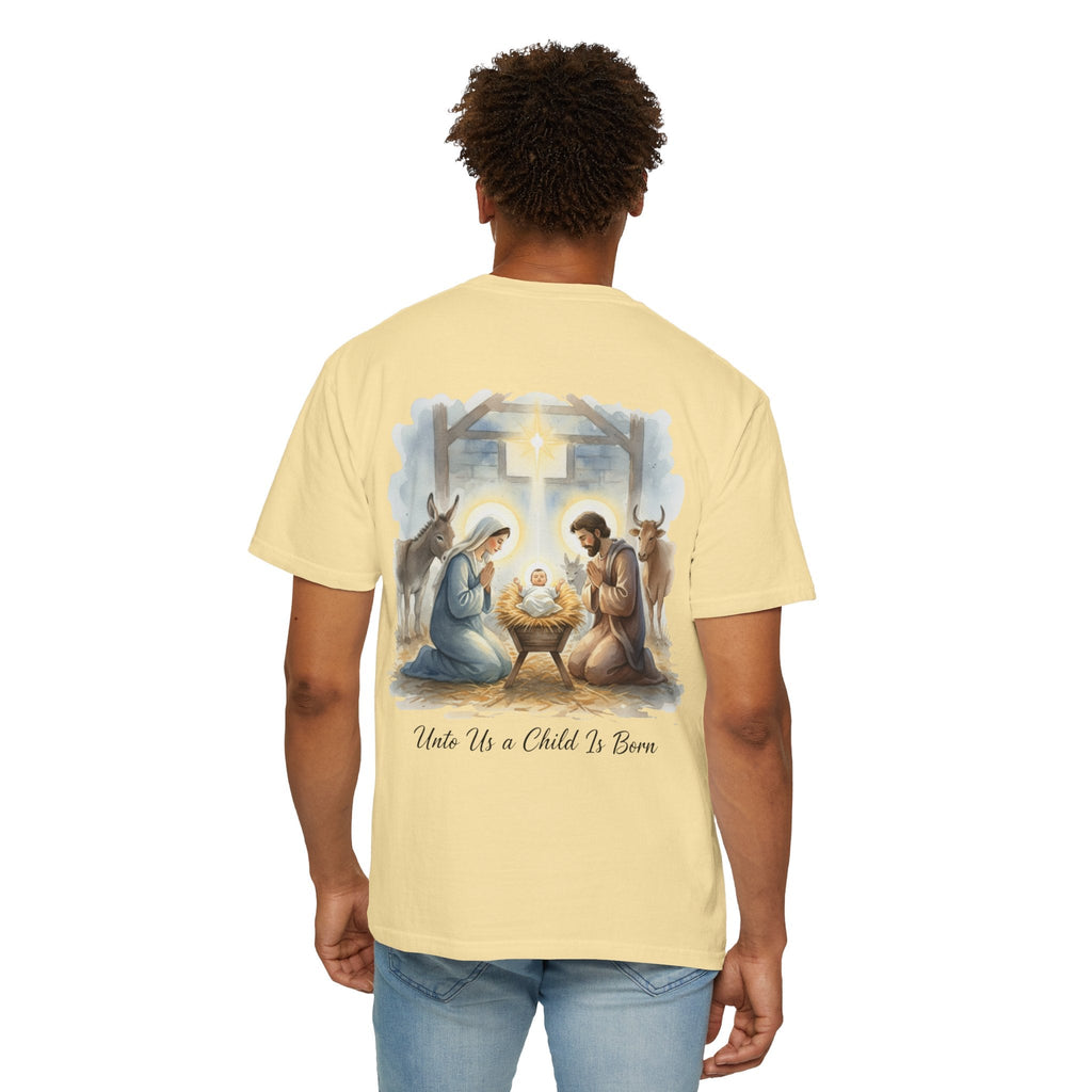 Unto Us a Child is Born T-shirt – Isaiah 9:6 Nativity Manger Scene Christian Christmas T-shirt for Holy Night Faith Printify