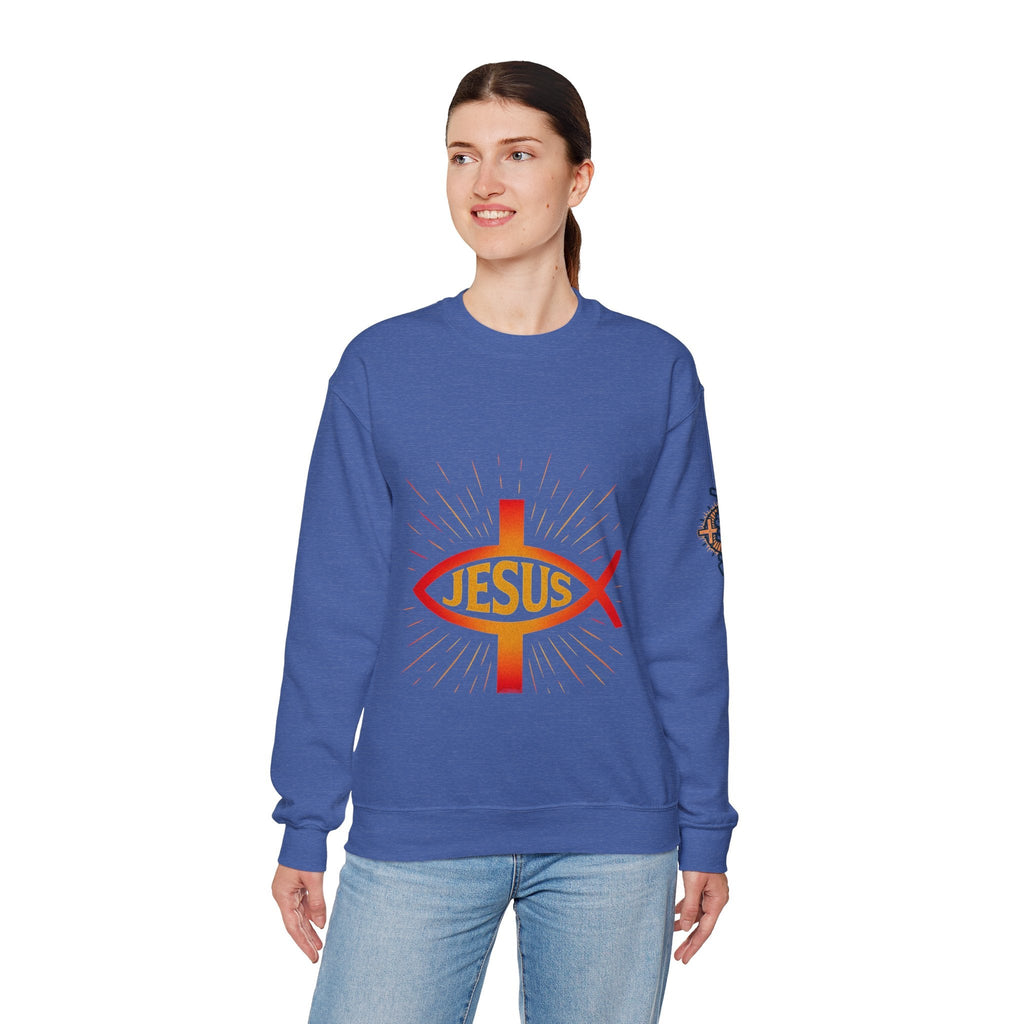 Jesus Ichthys Sweatshirt – Christian Fish Symbol with Cross & Jesus Inscription Sweatshirt for Eternal Faith & Streetwear Printify