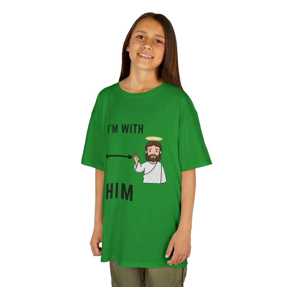 🔥 I’m With Him → Christian Kids T-Shirt | Arrow Pointing to Jesus | Minimalist Faith Tee | Subtle Cross Design | Bible-Inspired Apparel by Uplifted Gear Printify