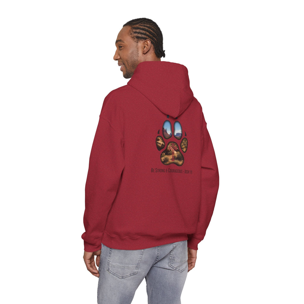 Strong and Courageous Hoodie – Joshua 1:9 Canine Pawprint Desert Christian Hoodie for Dog Lovers Printify