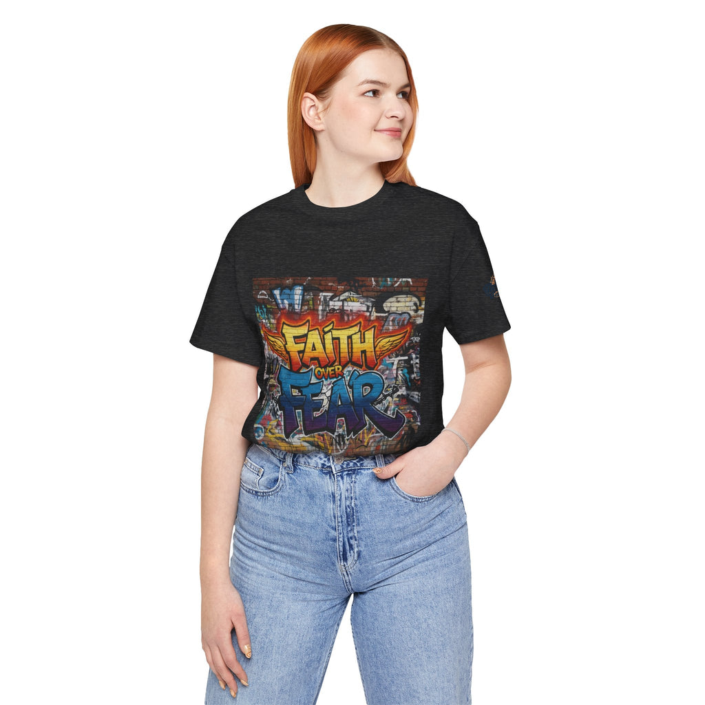Faith Over Fear T-shirt – Graffiti Wall Christian T-shirt for Bold 2 Corinthians 5:7 Streetwear & Unshakable Faith Printify