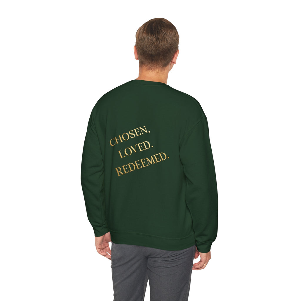 ✨ Chosen. Loved. Redeemed. – Elegant Christian Sweatshirt | Gold Foil Faith Tee | Subtle Cross & Heart Design | Inspirational Bible Verse Apparel by Uplifted Gear Printify