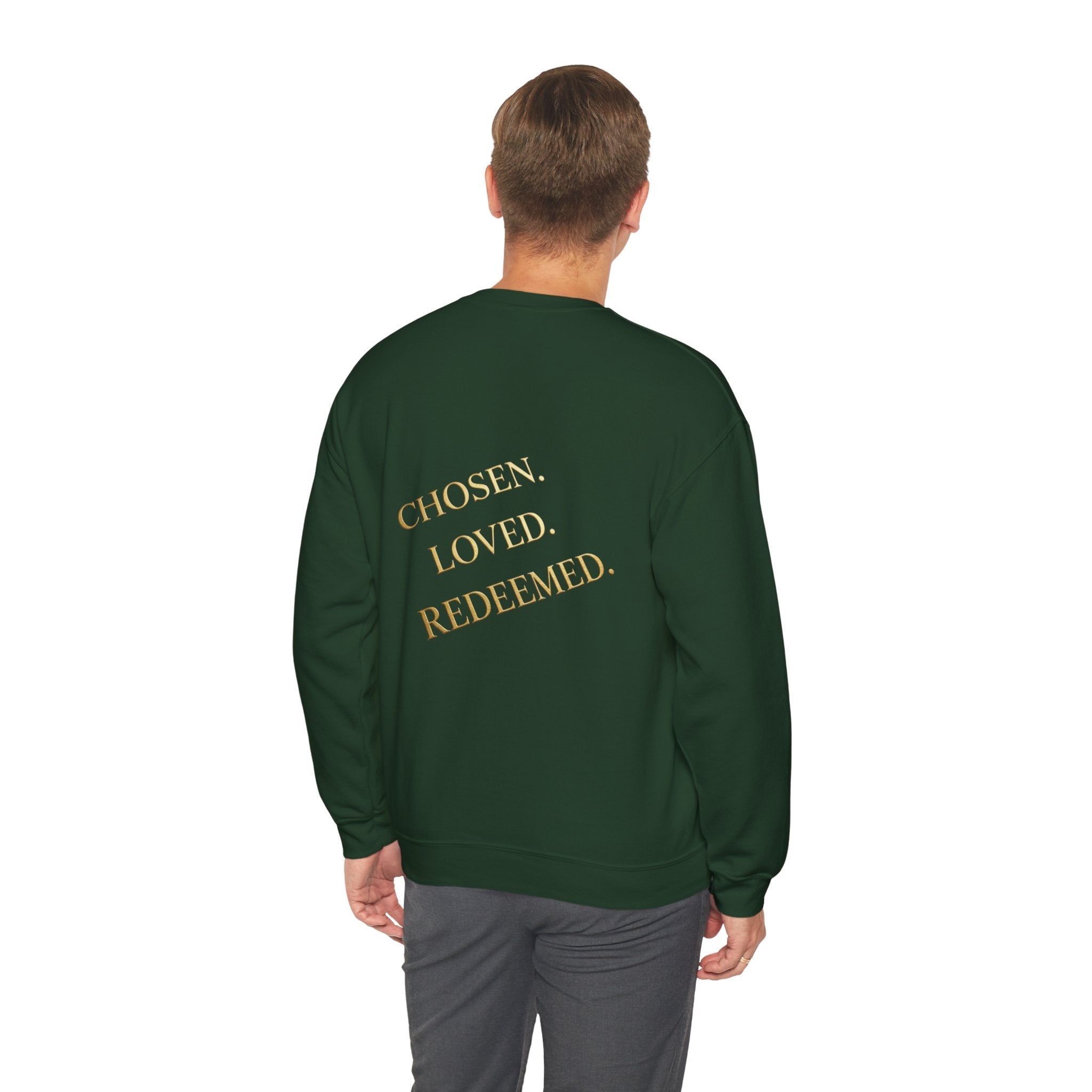 ✨ Chosen. Loved. Redeemed. – Elegant Christian Sweatshirt | Gold Foil Faith Tee | Subtle Cross & Heart Design | Inspirational Bible Verse Apparel by Uplifted Gear Printify