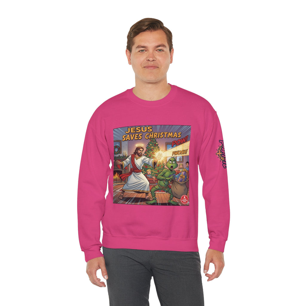 Jesus Saves Christmas Sweatshirt – Grinch vs Savior Light Battle Christian Sweatshirt for Hilarious Holiday Faith & True Joy Printify