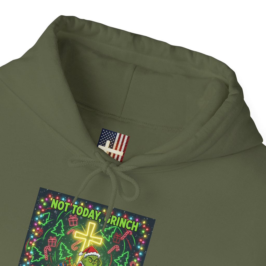 🎄 Not Today, Grinch – Jesus Saves | Funny Christian Christmas Hoodie | Festive Green & Red Cartoon Style | Bold Faith Holiday Tee by Uplifted Gear Printify