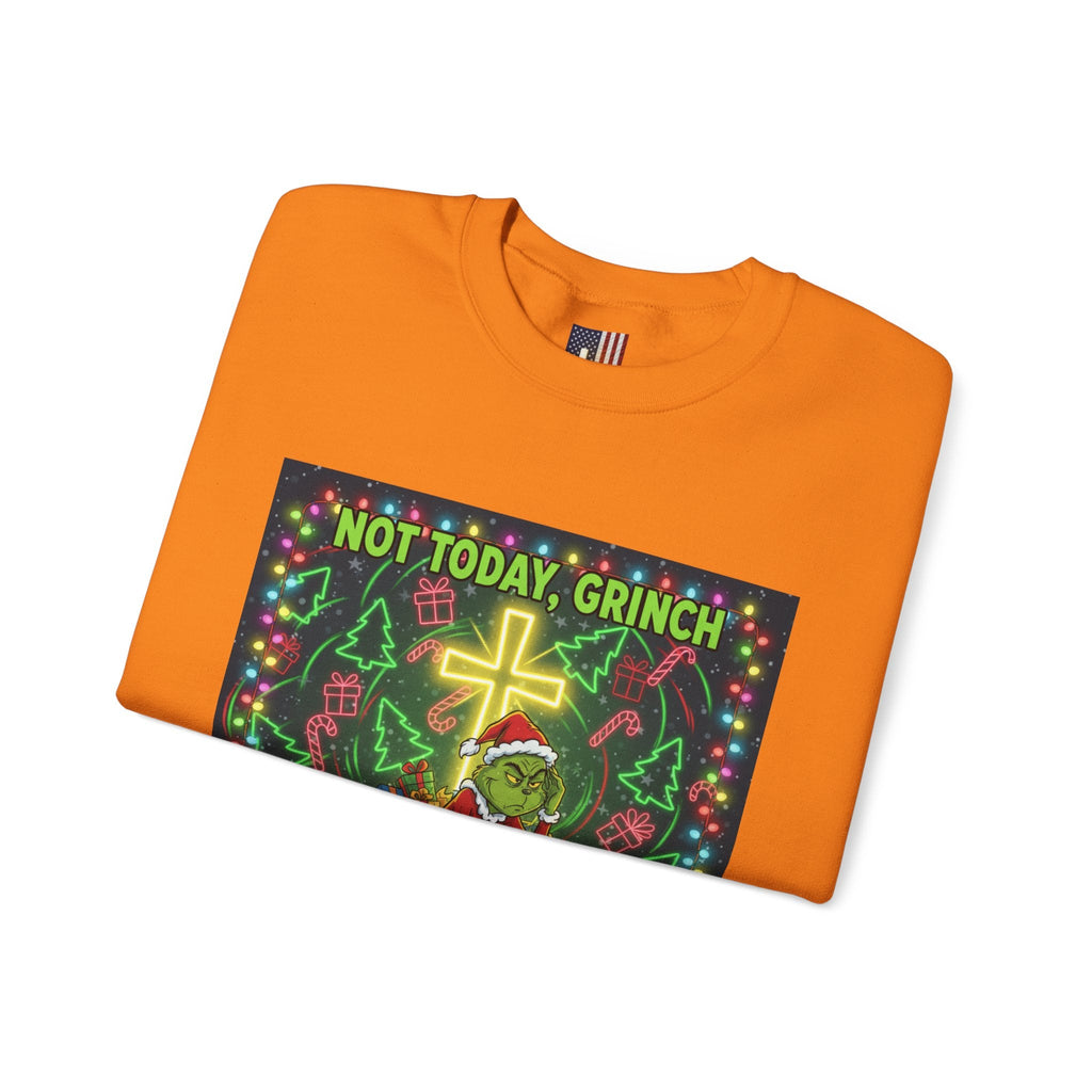 🎄 Not Today, Grinch – Jesus Saves | Funny Christian Christmas Sweatshirt | Festive Green & Red Cartoon Style | Bold Faith Holiday Tee by Uplifted Gear Printify