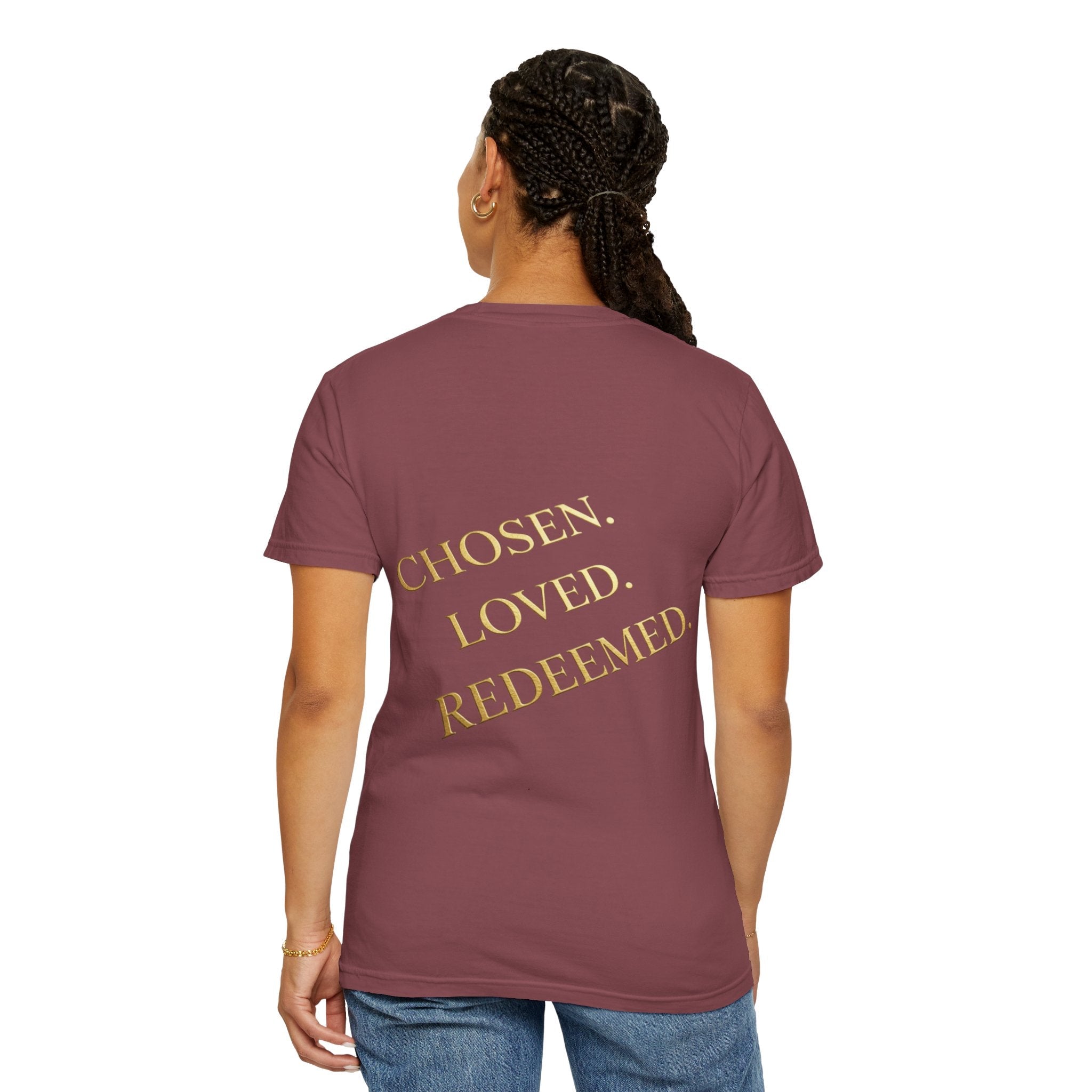 ✨ Chosen. Loved. Redeemed. – Elegant Christian T-Shirt | Gold Foil Faith Tee | Subtle Cross & Heart Design | Inspirational Bible Verse Apparel by Uplifted Gear Printify