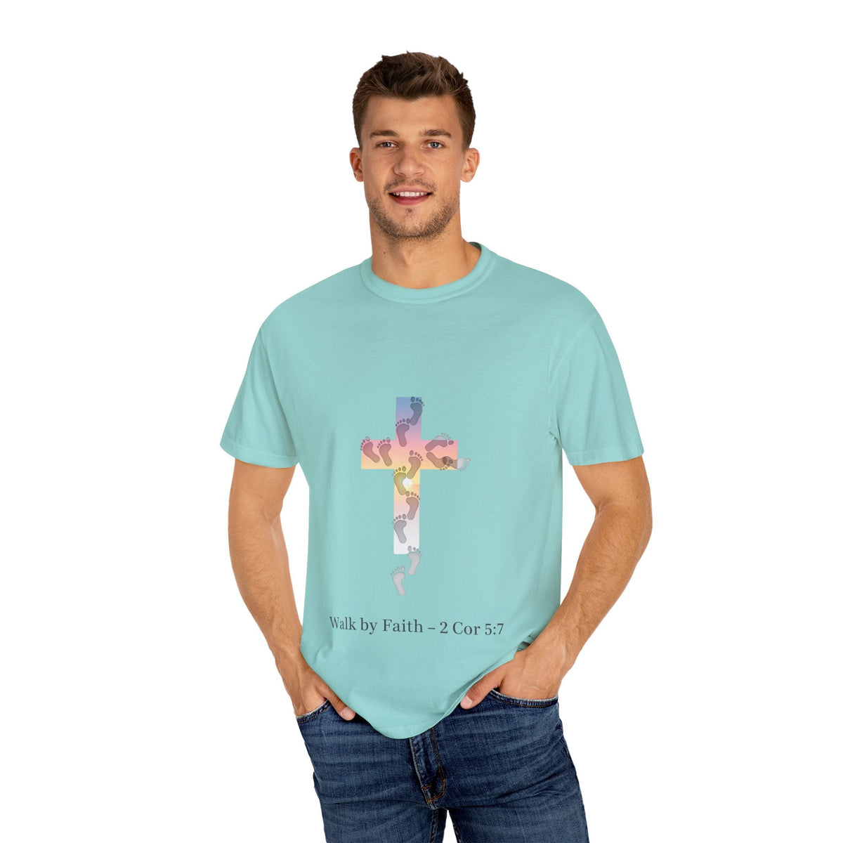 Walk by Faith T-Shirt – Cross & Footprints Christian Tee for Bold Believers Printify