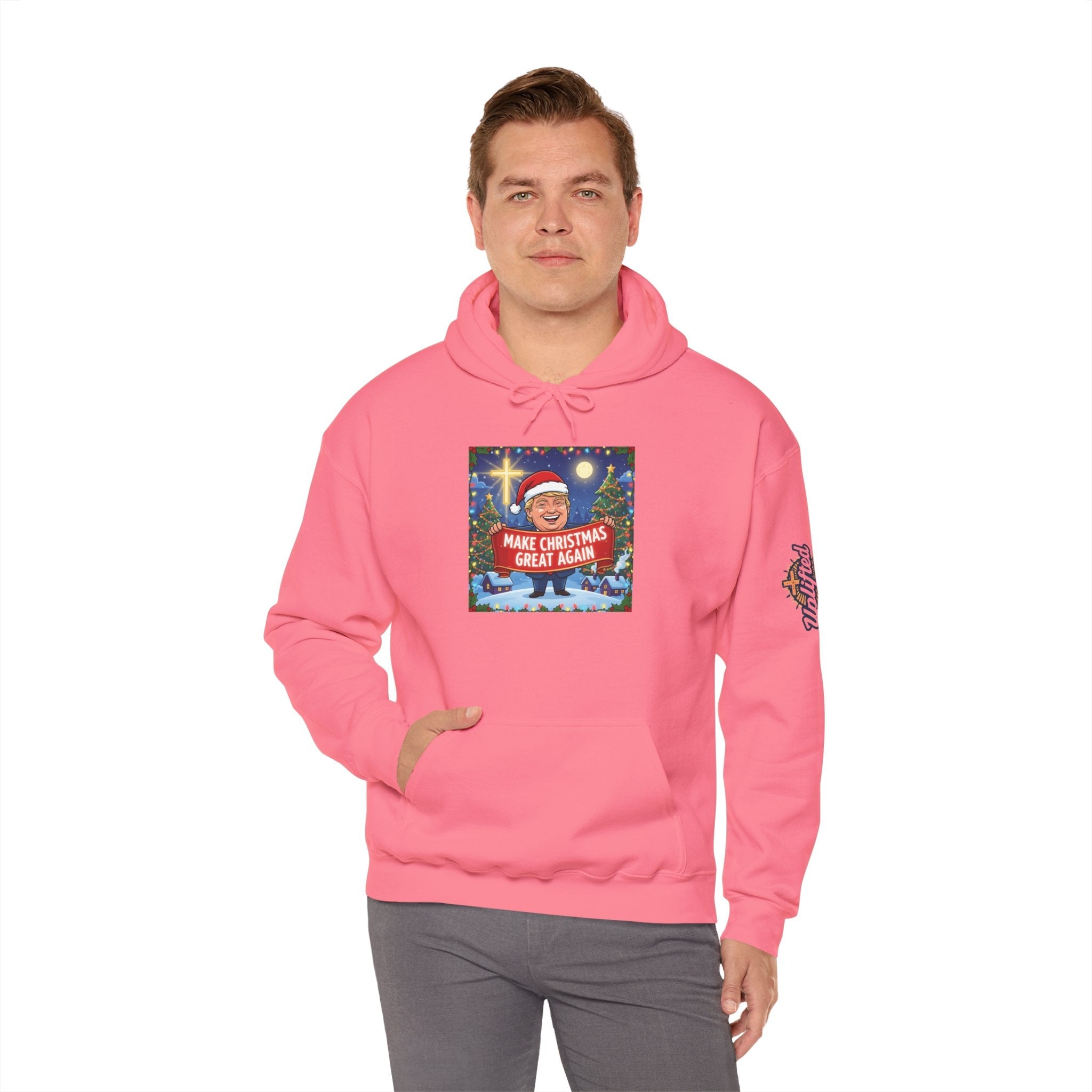 🎄 Make Christmas Great Again – Patriotic Christian Christmas Hoodie | Bold Holiday Faith Tee | Red & White Banner Design | Uplifted Gear Printify