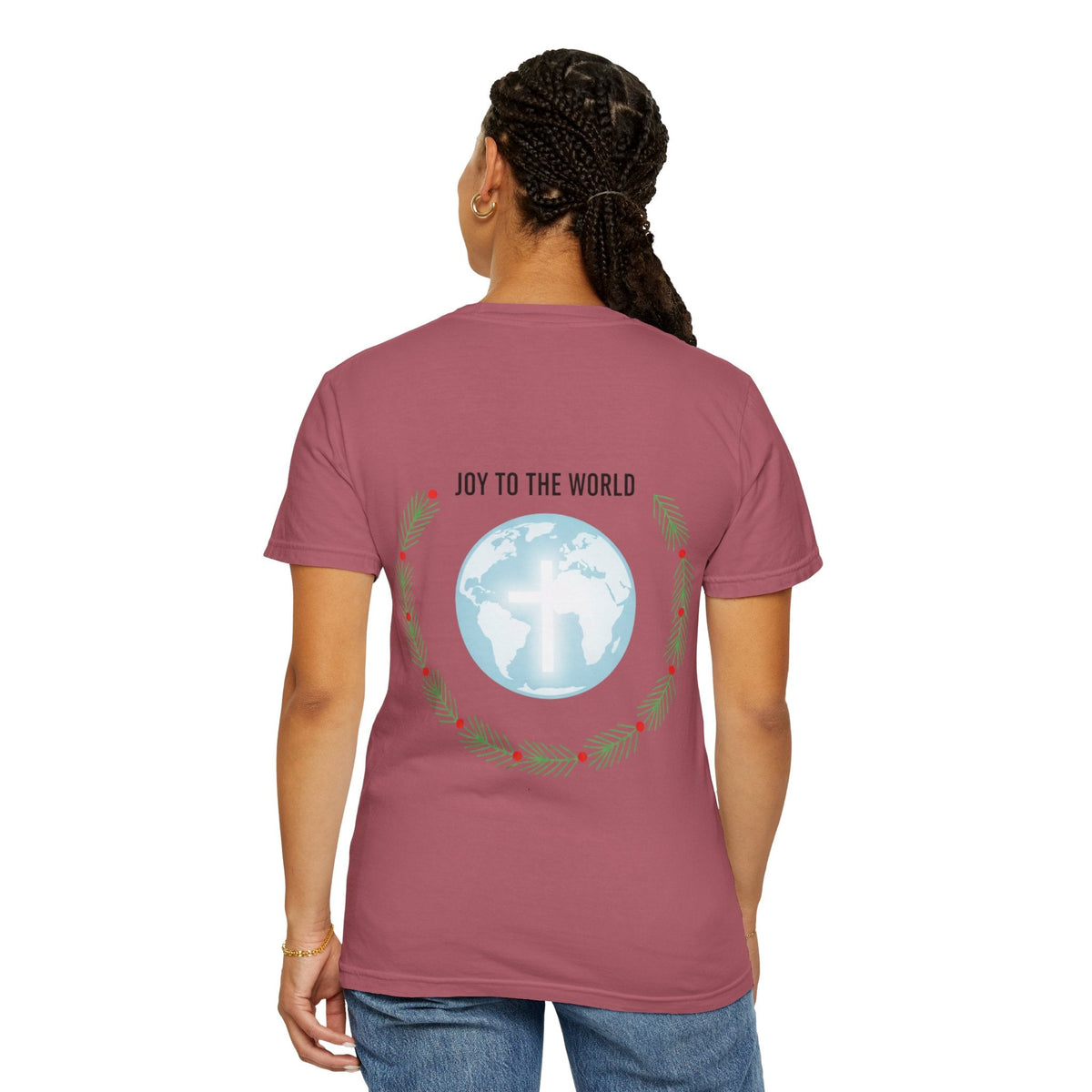 Joy to the World T-shirt – Wreath Earth Nativity Christian Christmas T-shirt for Isaiah 9:6 Holiday Faith & Festive Joy Printify
