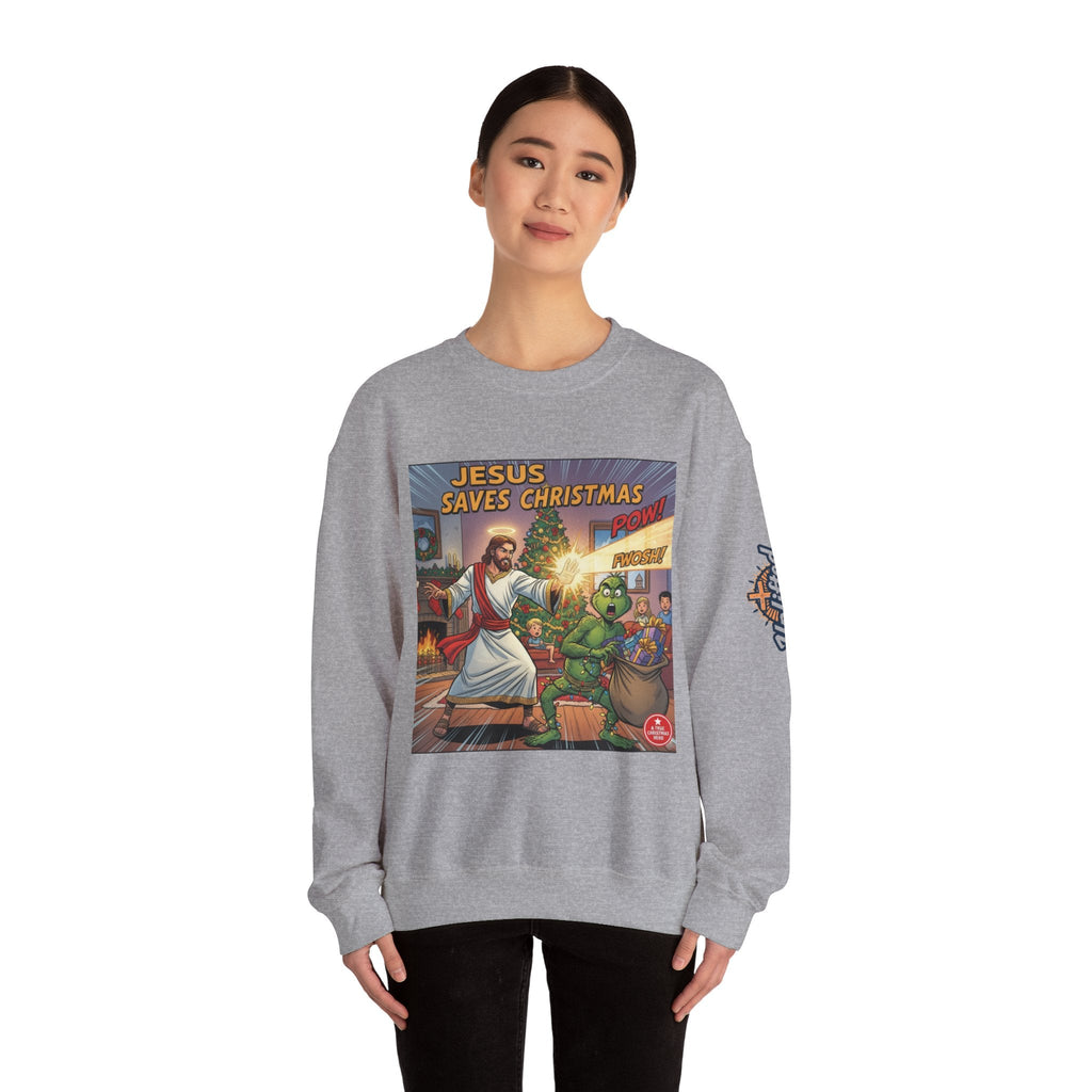 Jesus Saves Christmas Sweatshirt – Grinch vs Savior Light Battle Christian Sweatshirt for Hilarious Holiday Faith & True Joy Printify