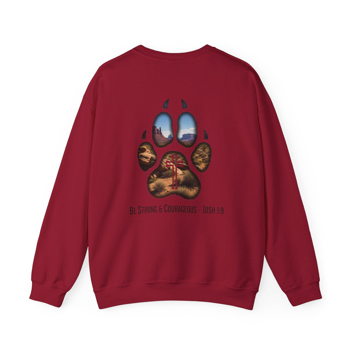 Strong and Courageous Sweatshirt – Joshua 1:9 Canine Pawprint Desert Christian Sweatshirt for Dog Lovers Printify