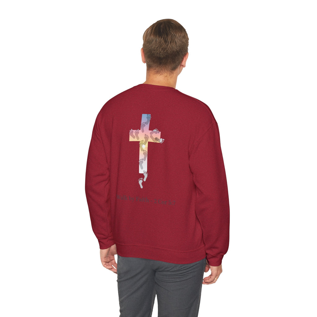 Walk by Faith Sweatshirt – Cross & Footprints Christian Sweatshirt for Cozy Inspiration Printify