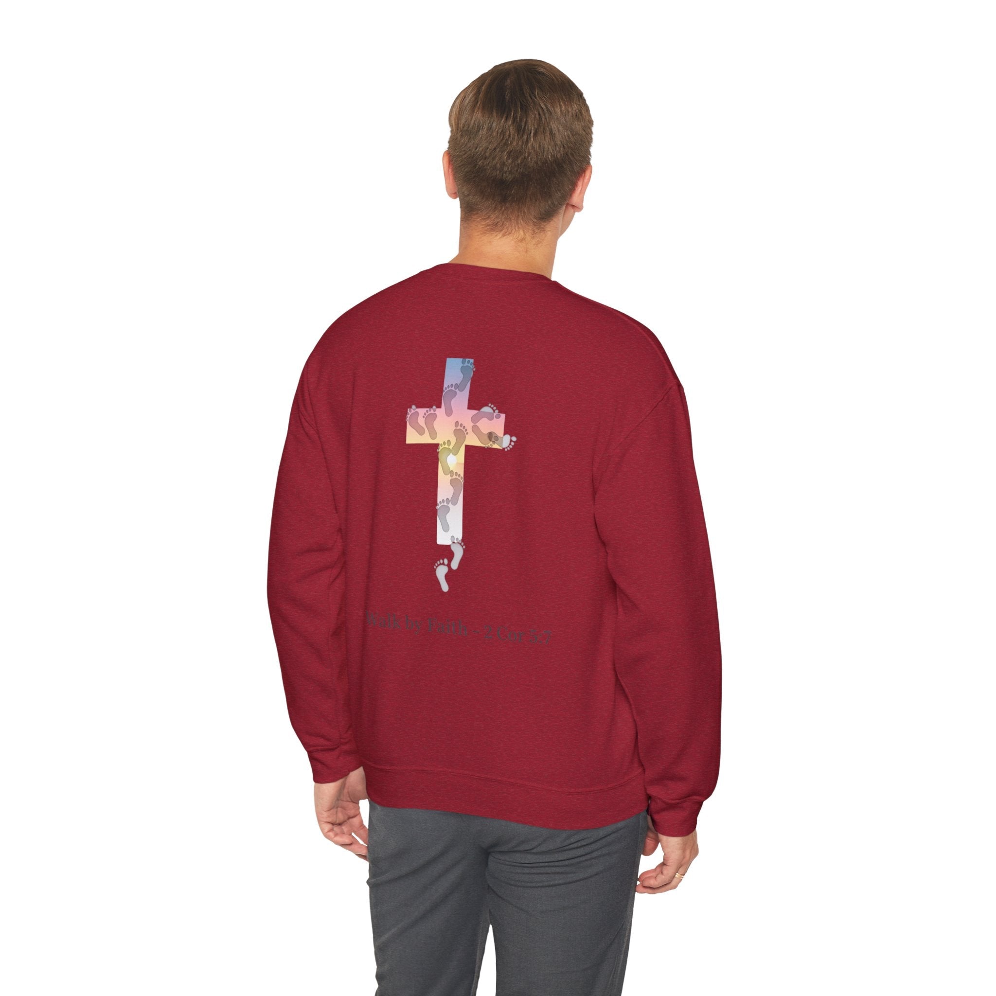Walk by Faith Sweatshirt – Cross & Footprints Christian Sweatshirt for Cozy Inspiration Printify
