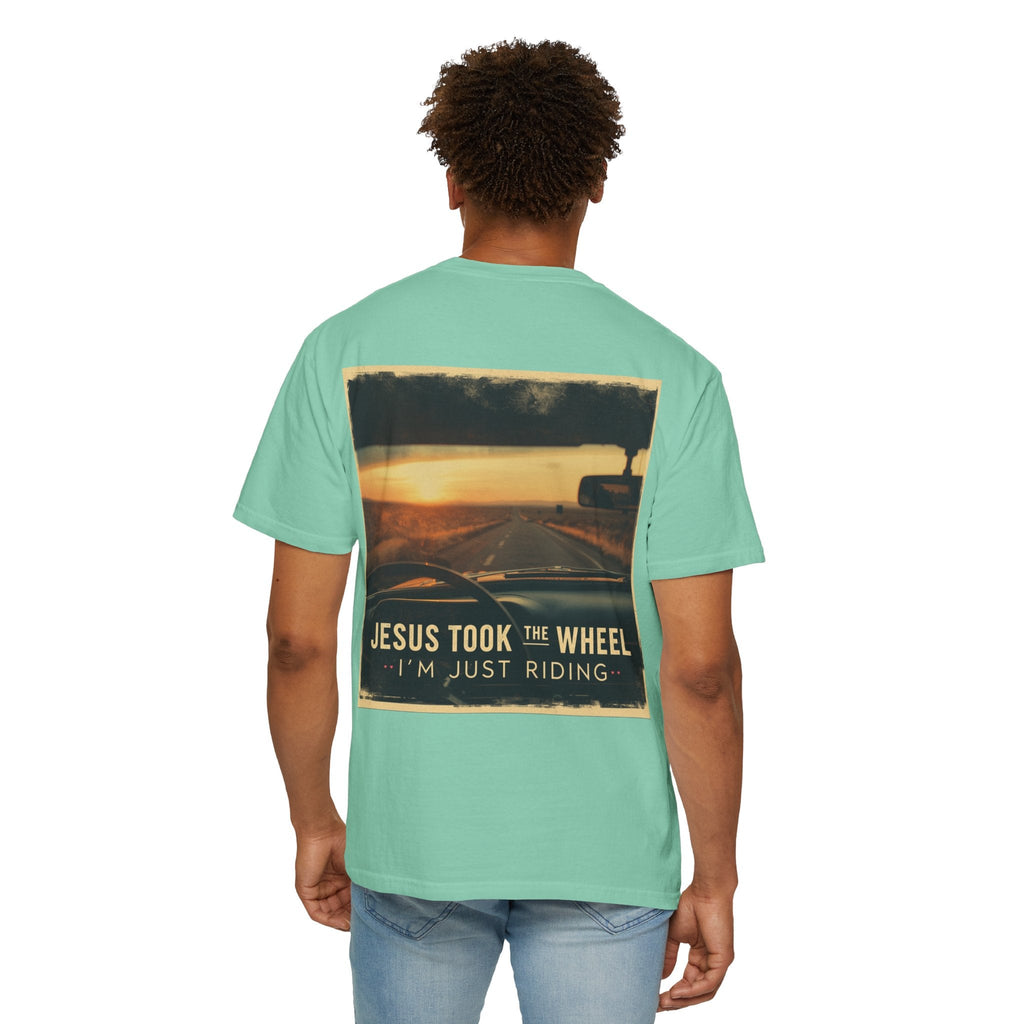 Jesus Took the Wheel I'm Just Riding T-shirt – Funny Christian Convertible Car T-shirt for Surrendered Faith & Humor Printify