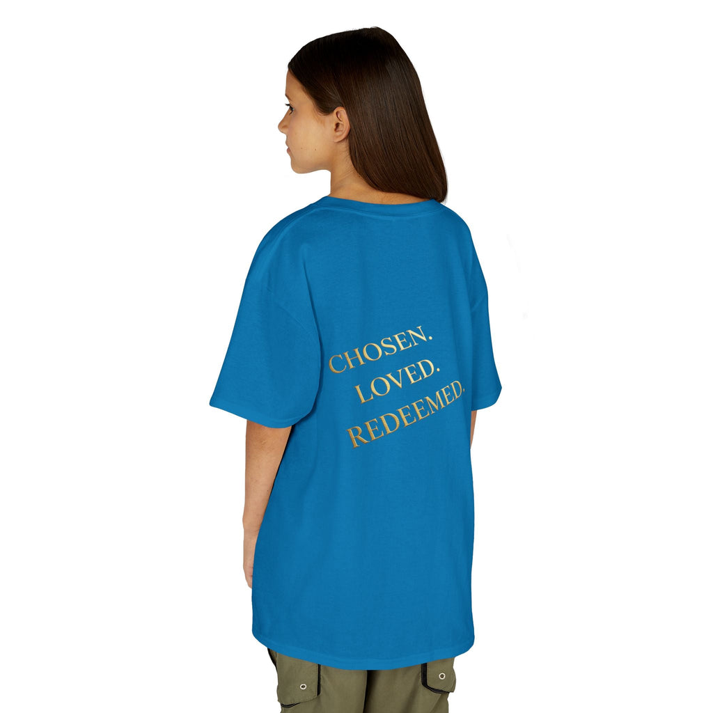 ✨ Chosen. Loved. Redeemed. – Elegant Christian Kids T-Shirt | Gold Foil Faith Tee | Subtle Cross & Heart Design | Inspirational Bible Verse Apparel by Uplifted Gear Printify