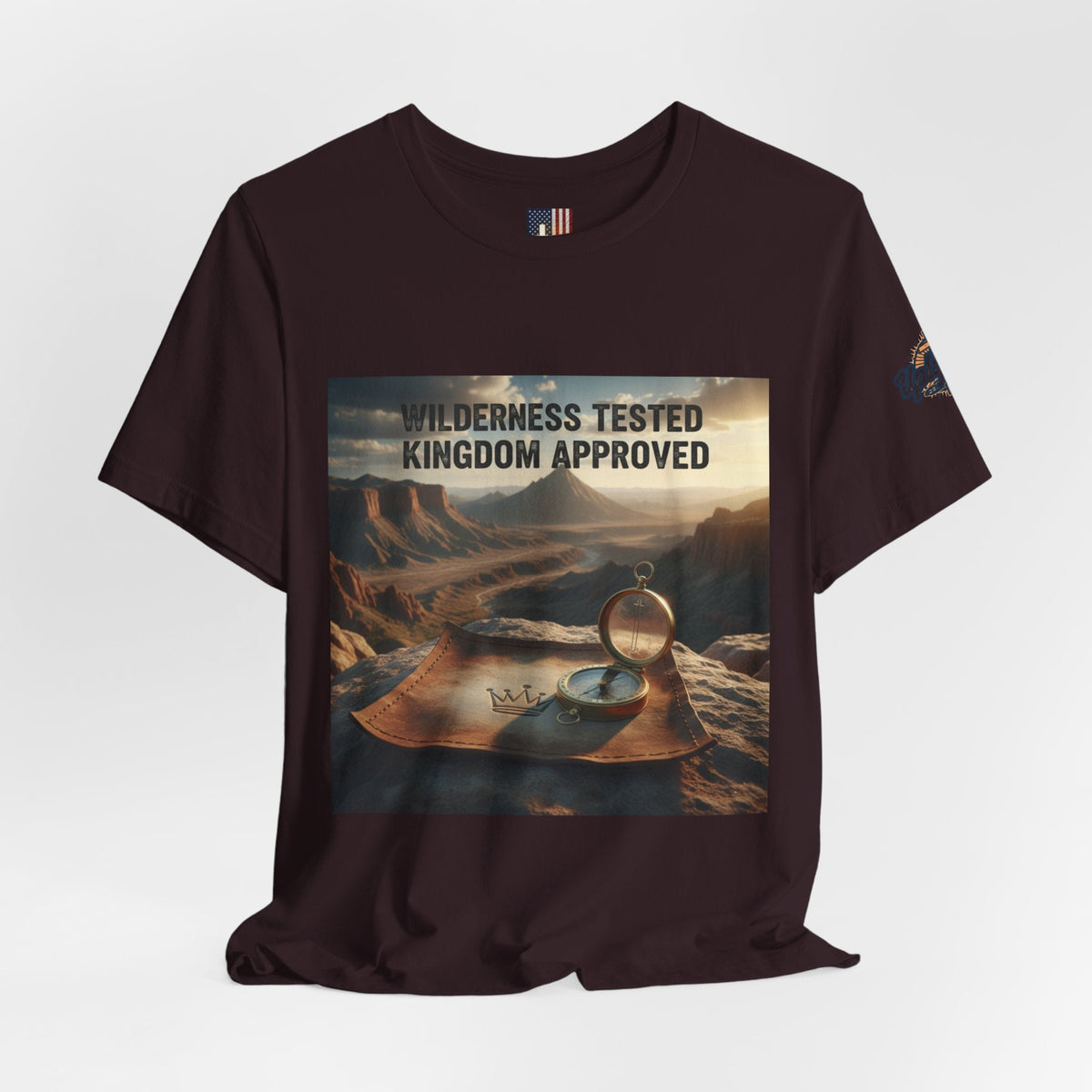 Wilderness Tested Kingdom Approved T-shirt – Mountain Desert Compass Crown Christian T-shirt for Biblical Adventure Faith Printify