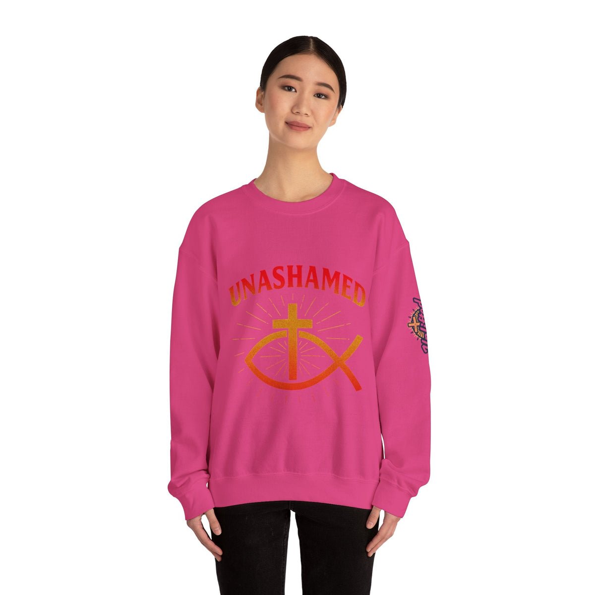 Unashamed Sweatshirt – Ichthys Jesus Fish & Cross Christian Sweatshirt for Romans 1:16 Bold Faith Printify
