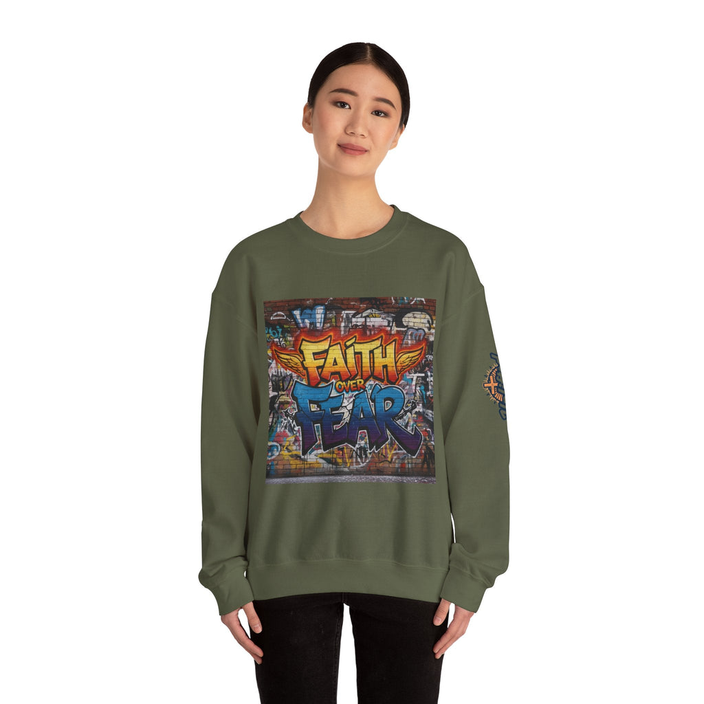 Faith Over Fear Sweatshirt – Graffiti Wall Christian Sweatshirt for Bold 2 Corinthians 5:7 Streetwear & Unshakable Faith Printify