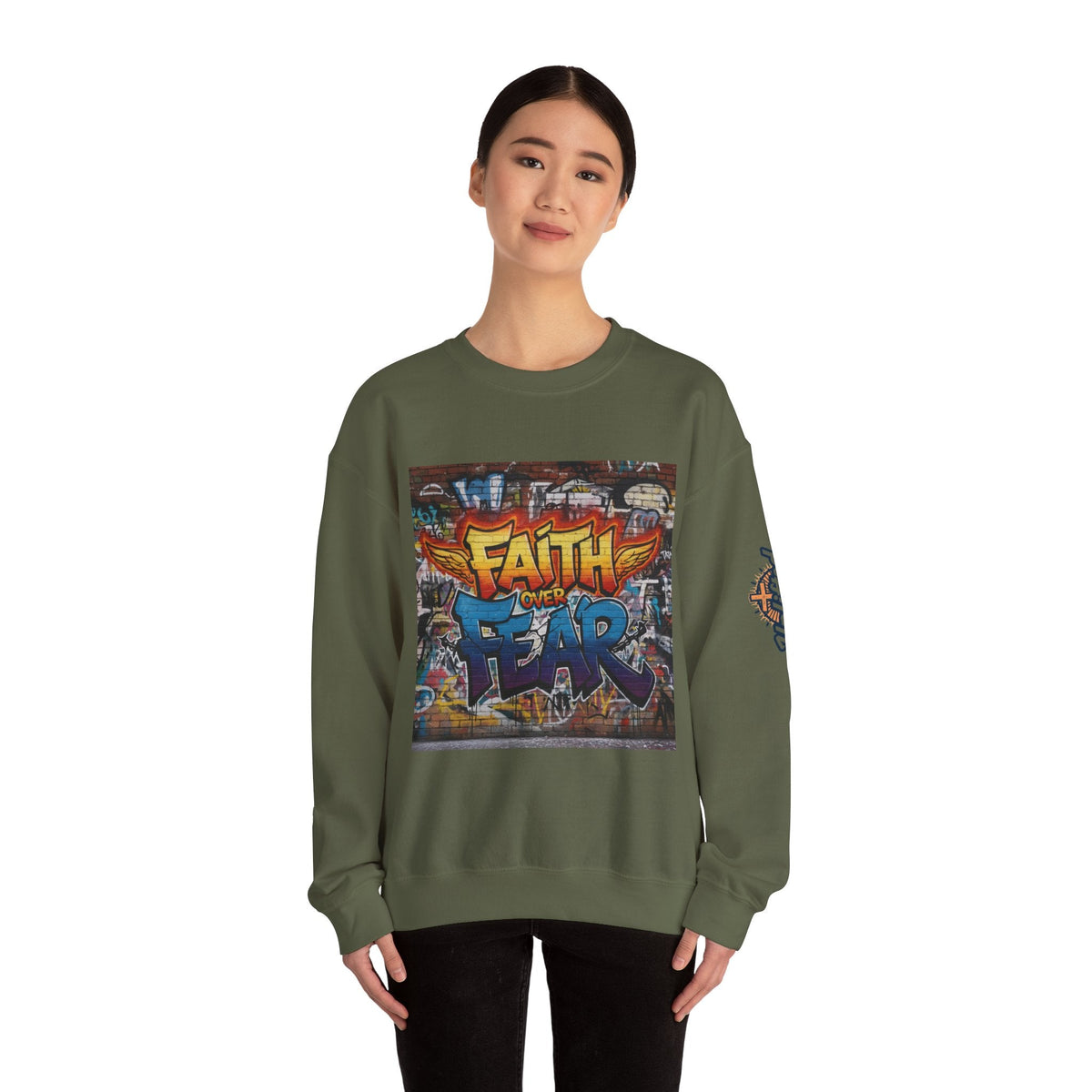 Faith Over Fear Sweatshirt – Graffiti Wall Christian Sweatshirt for Bold 2 Corinthians 5:7 Streetwear & Unshakable Faith Printify