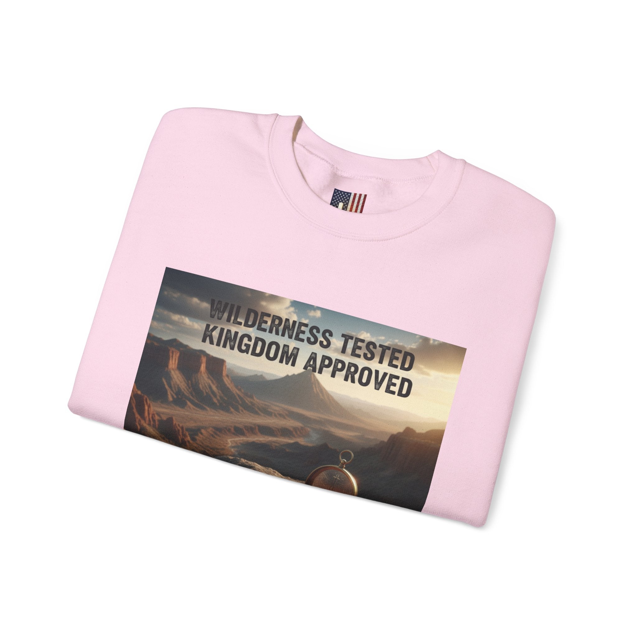 Wilderness Tested Kingdom Approved Sweatshirt – Mountain Desert Compass Crown Christian Sweatshirt for Biblical Adventure Faith Printify