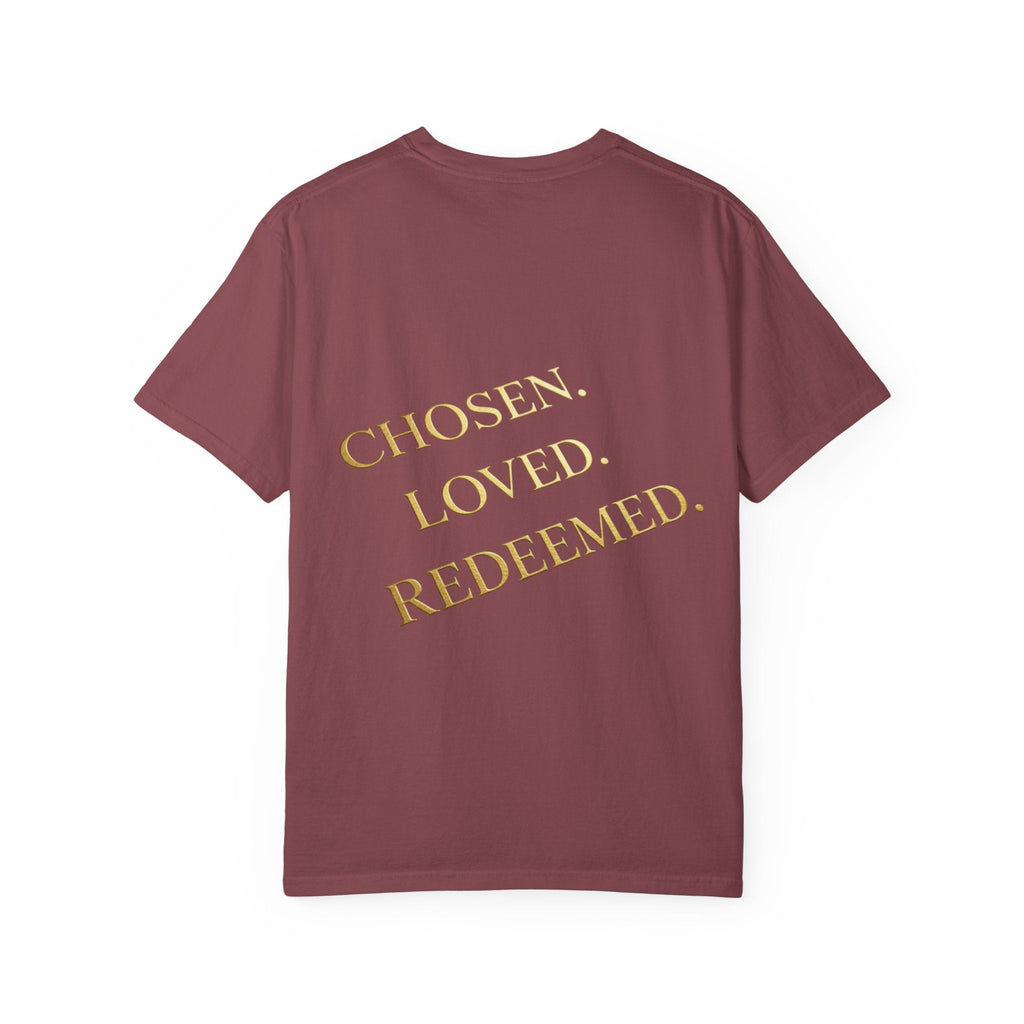 ✨ Chosen. Loved. Redeemed. – Elegant Christian T-Shirt | Gold Foil Faith Tee | Subtle Cross & Heart Design | Inspirational Bible Verse Apparel by Uplifted Gear Printify