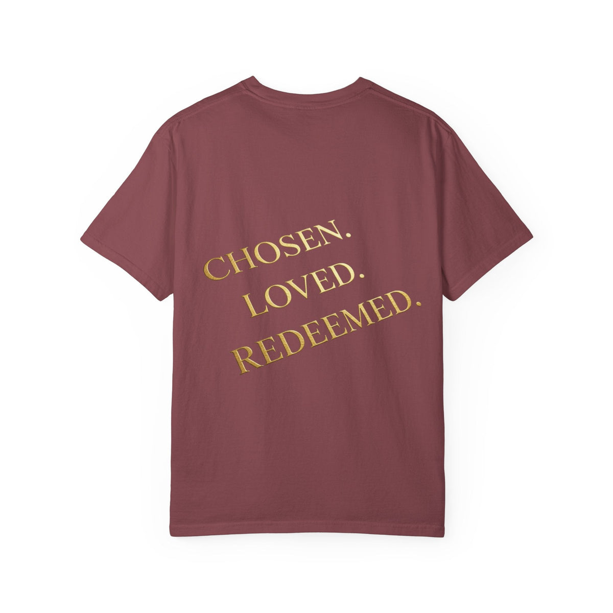 ✨ Chosen. Loved. Redeemed. – Elegant Christian T-Shirt | Gold Foil Faith Tee | Subtle Cross & Heart Design | Inspirational Bible Verse Apparel by Uplifted Gear Printify