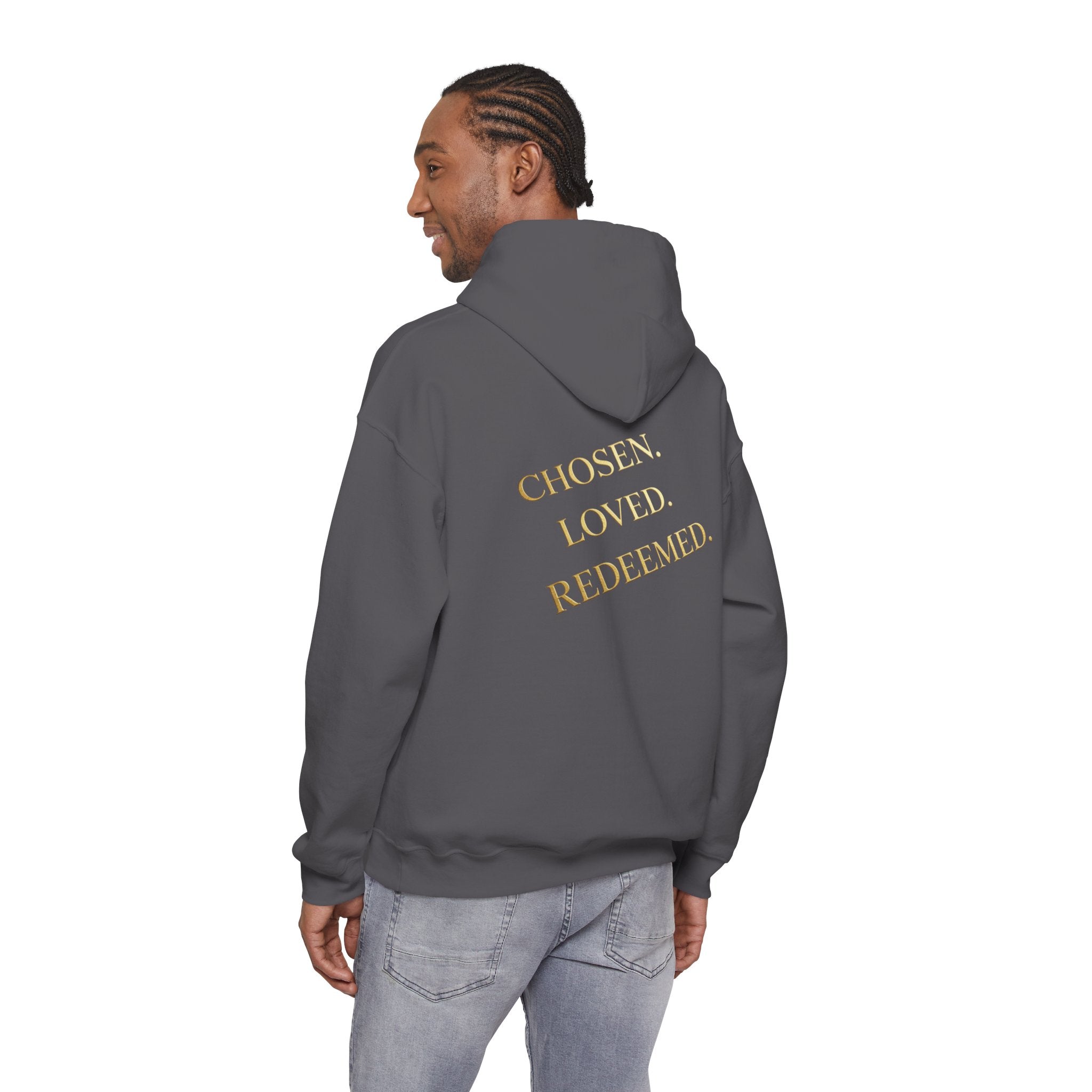 ✨ Chosen. Loved. Redeemed. – Elegant Christian Hoodie | Gold Foil Faith Tee | Subtle Cross & Heart Design | Inspirational Bible Verse Apparel by Uplifted Gear Printify