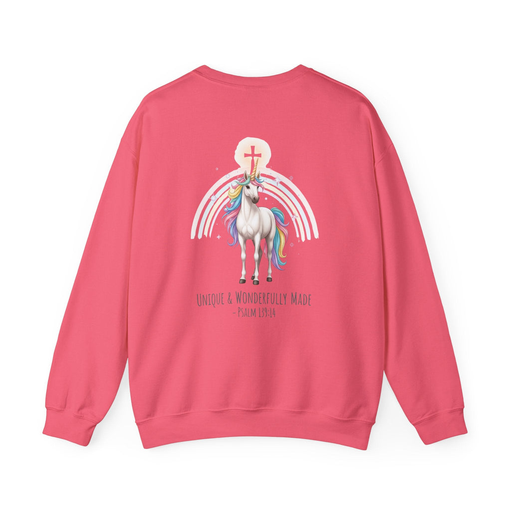 Unique Unicorn Sweatshirt – Rainbow Cross Psalm 139:14 Christian Sweatshirt for Wonderfully Made Printify