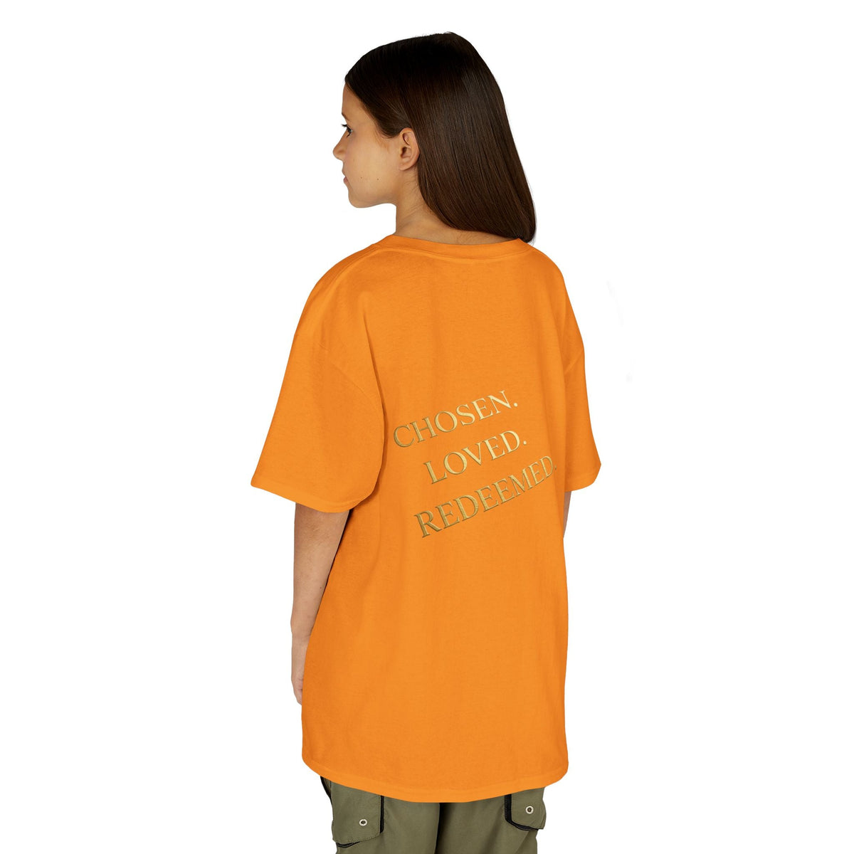 ✨ Chosen. Loved. Redeemed. – Elegant Christian Kids T-Shirt | Gold Foil Faith Tee | Subtle Cross & Heart Design | Inspirational Bible Verse Apparel by Uplifted Gear Printify