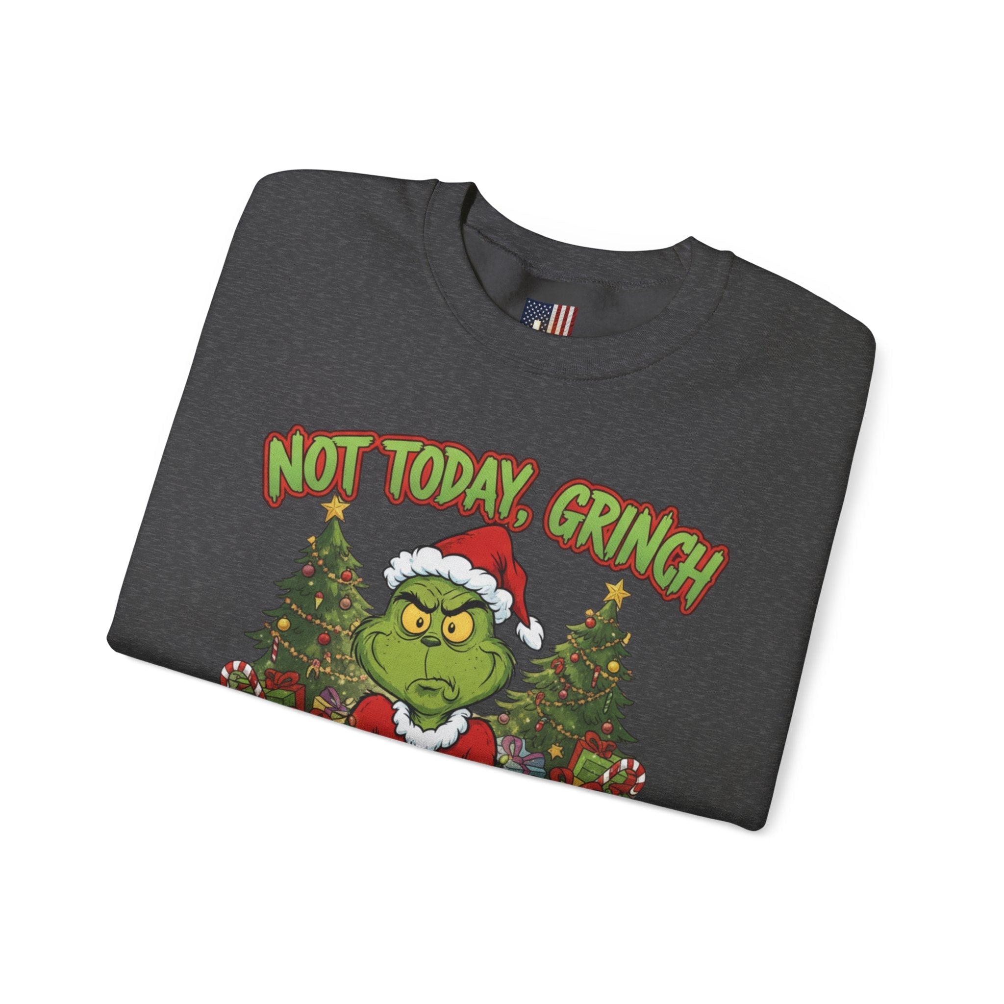 🎄 Not Today, Grinch – Jesus Saves | Funny Christian Christmas Sweatshirt | Sulking Grinch & Glowing Cross | Bold Neon Faith Tee by Uplifted Gear Printify