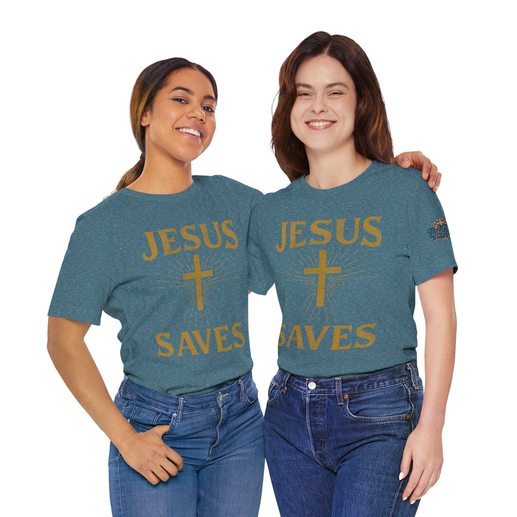 Jesus Saves T-shirt – Radiant Cross & Rays of Light Christian T-shirt for Eternal Hope & Faith Printify