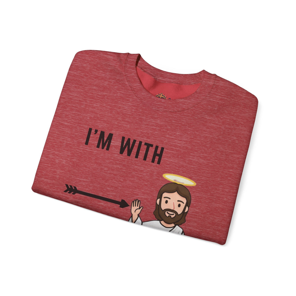 🔥 I’m With Him → Christian Sweatshirt | Arrow Pointing to Jesus | Minimalist Faith Tee | Subtle Cross Design | Bible-Inspired Apparel by Uplifted Gear Printify