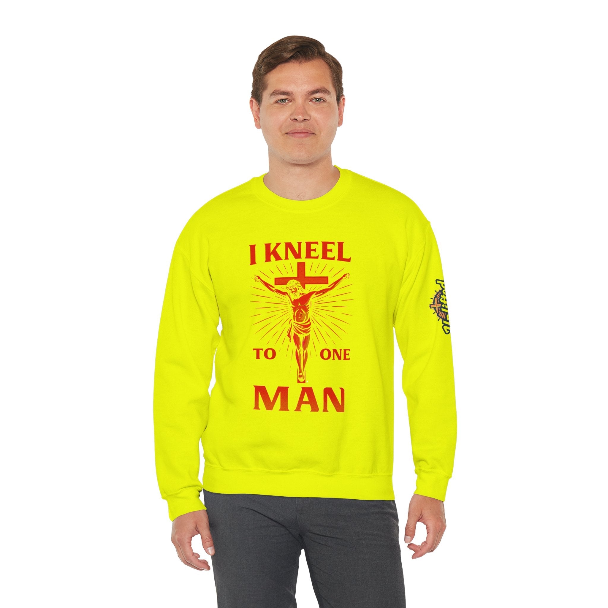 I Kneel to One Man Sweatshirt – Crucifixion Christian Sweatshirt for Unashamed Devotion & Bold Faith Printify