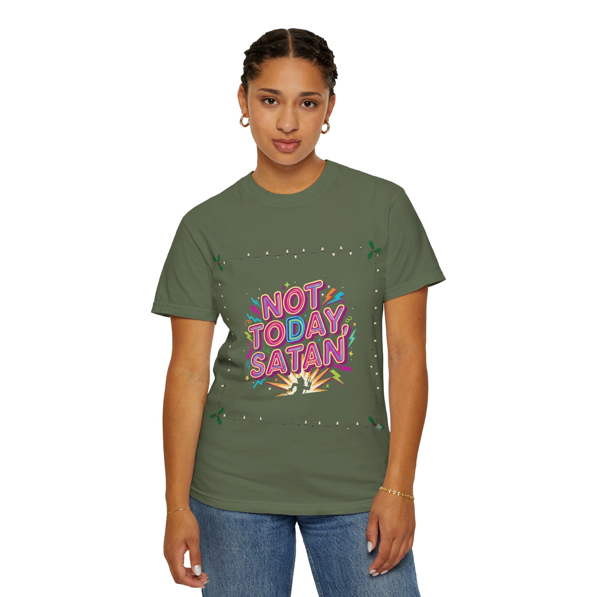 🔥 Not Today, Satan – Retro 90s Christian T-Shirt | Neon Faith Tee | Funky Cartoon Devil | Bold Bible Verse Shirt | Uplifted Gear Printify