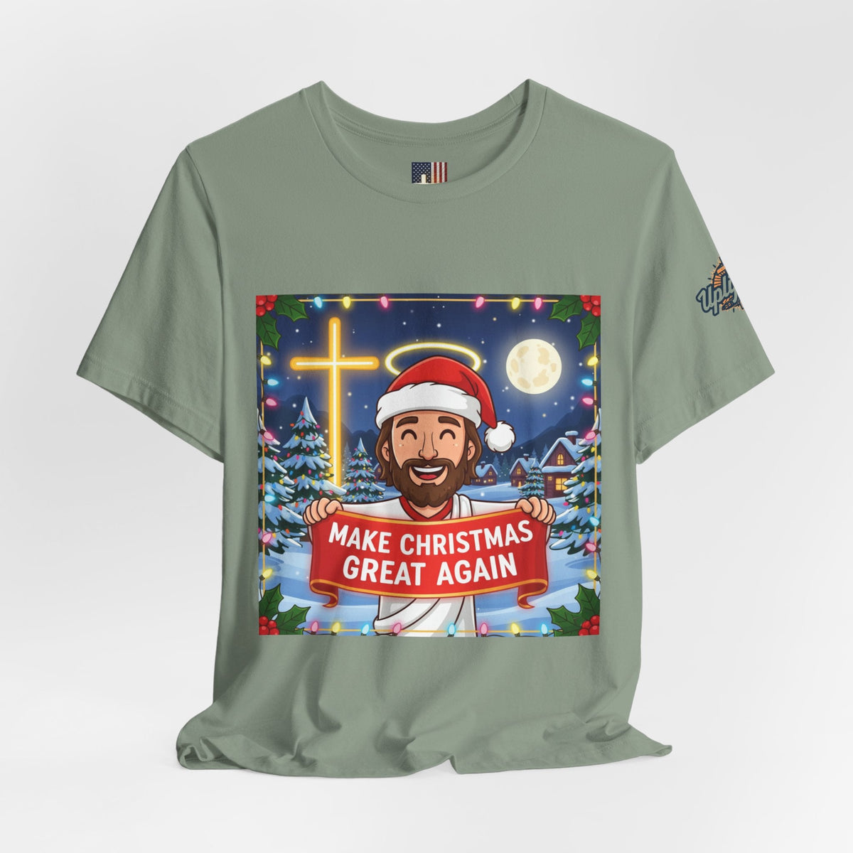 🎄 Make Christmas Great Again – Funny Christian T-Shirt | Jesus Holding Banner | Faith-Based Holiday Parody Tee | Uplifted Gear Printify