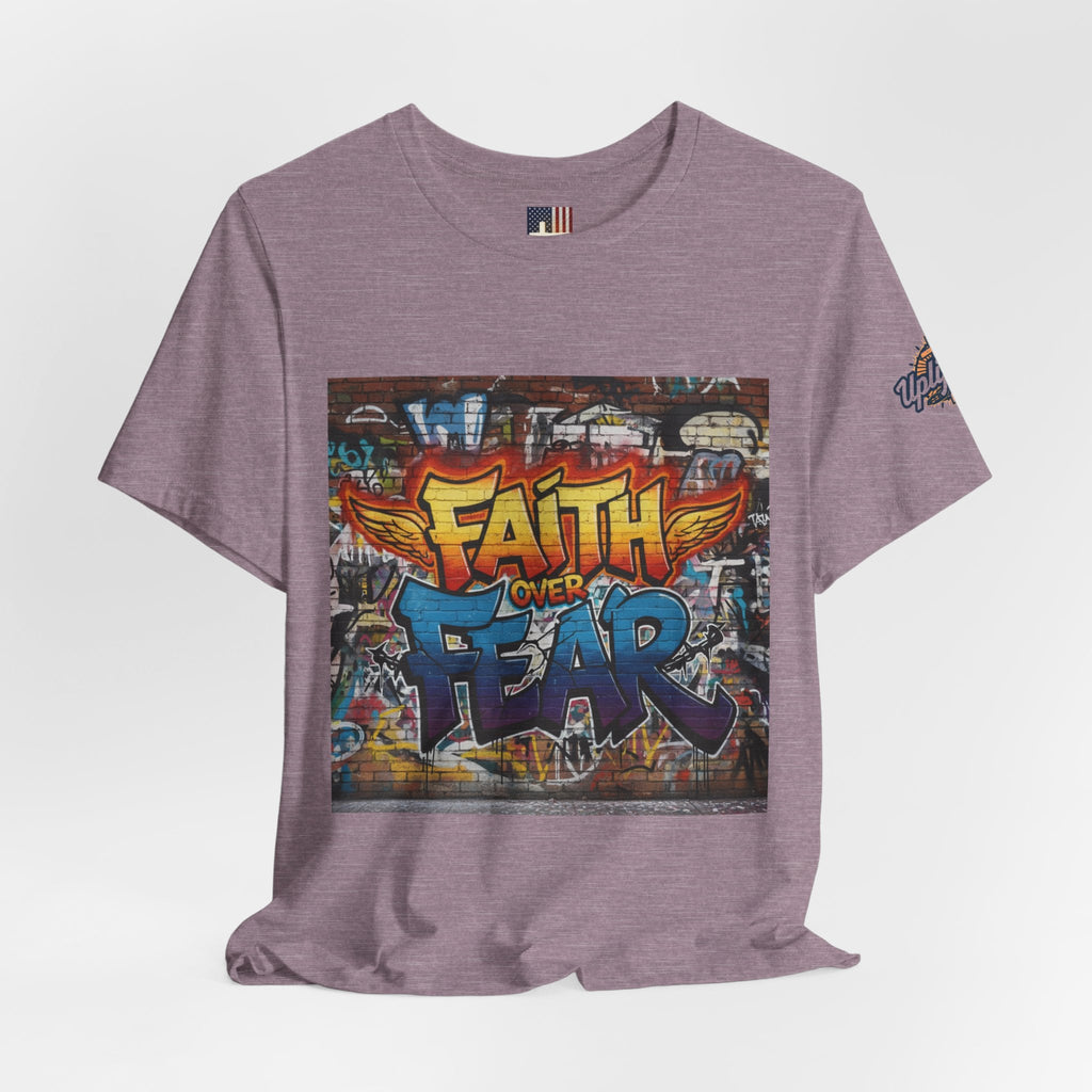 Faith Over Fear T-shirt – Graffiti Wall Christian T-shirt for Bold 2 Corinthians 5:7 Streetwear & Unshakable Faith Printify
