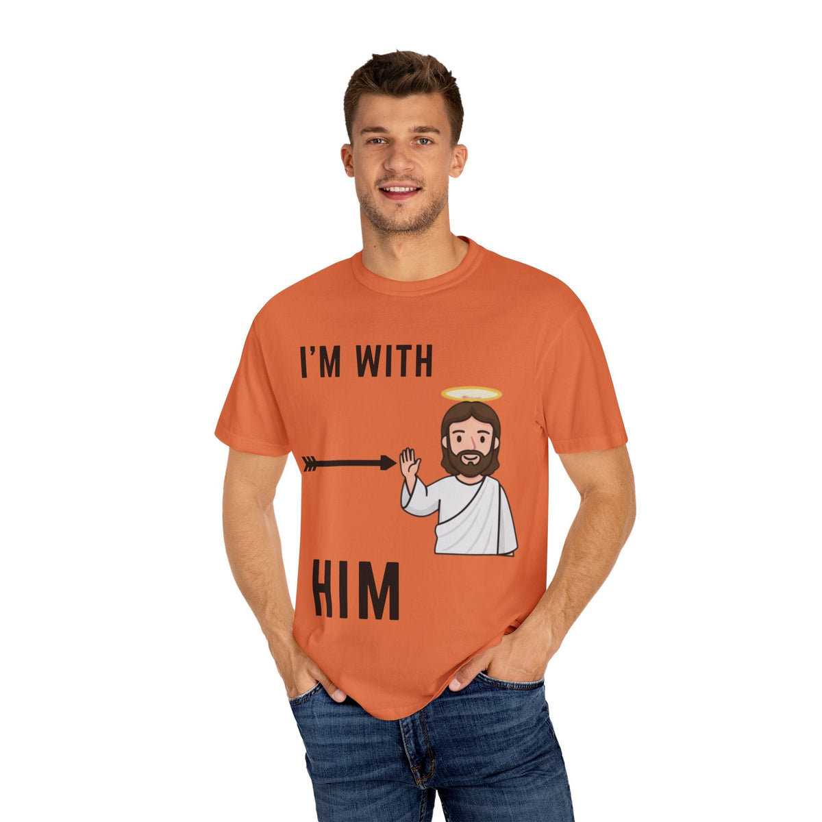 🔥 I’m With Him → Christian T-Shirt | Arrow Pointing to Jesus | Minimalist Faith Tee | Subtle Cross Design | Bible-Inspired Apparel by Uplifted Gear Printify