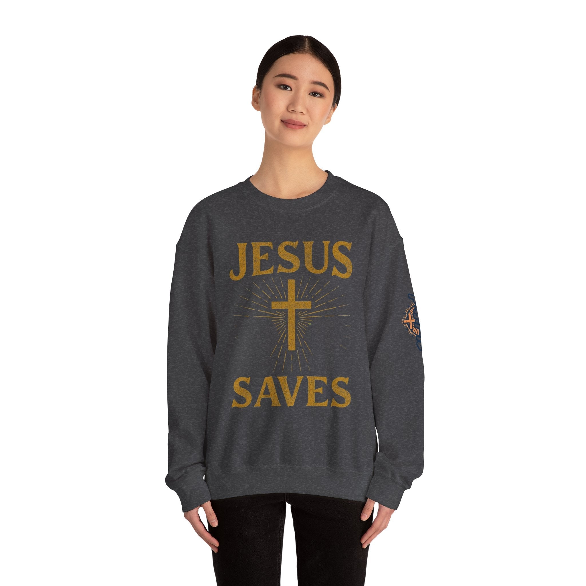 Jesus Saves Sweatshirt – Radiant Cross & Rays of Light Christian Sweatshirt for Eternal Hope & Faith Printify