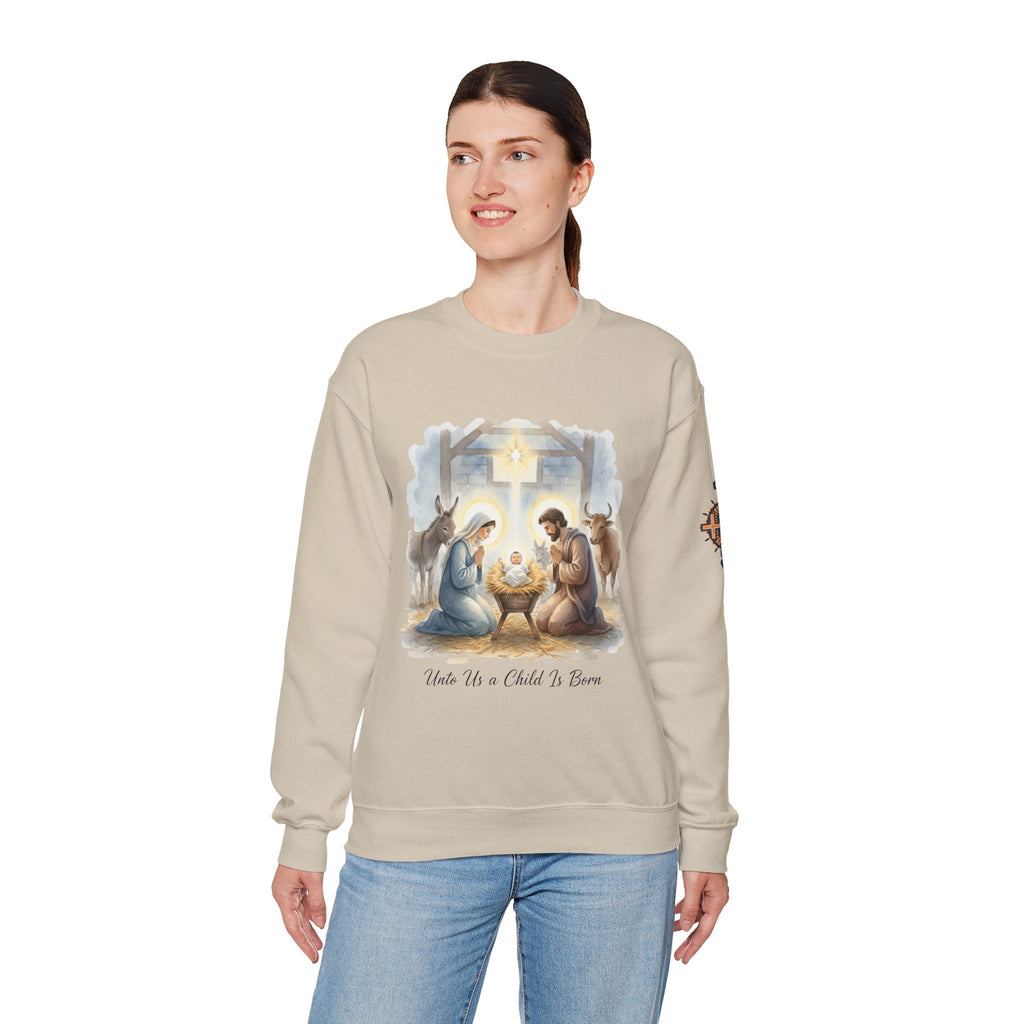 Unto Us a Child is Born Sweatshirt – Isaiah 9:6 Nativity Manger Scene Christian Christmas Sweatshirt for Holy Night Faith Printify