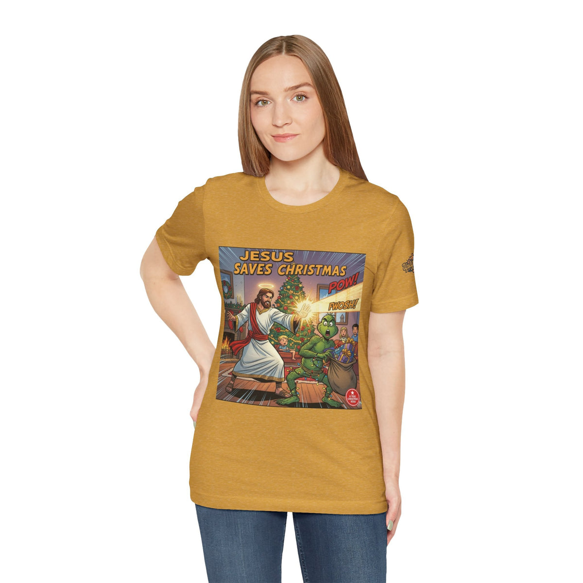 Jesus Saves Christmas T-shirt – Grinch vs Savior Light Battle Christian T-shirt for Hilarious Holiday Faith & True Joy Printify