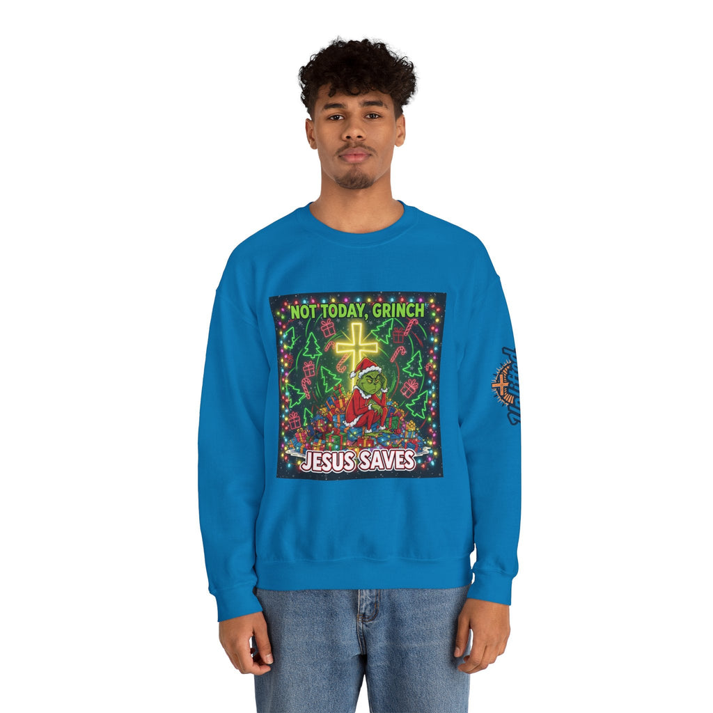 🎄 Not Today, Grinch – Jesus Saves | Funny Christian Christmas Sweatshirt | Festive Green & Red Cartoon Style | Bold Faith Holiday Tee by Uplifted Gear Printify