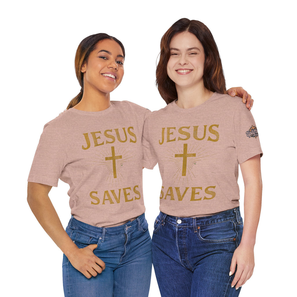 Jesus Saves T-shirt – Radiant Cross & Rays of Light Christian T-shirt for Eternal Hope & Faith Printify