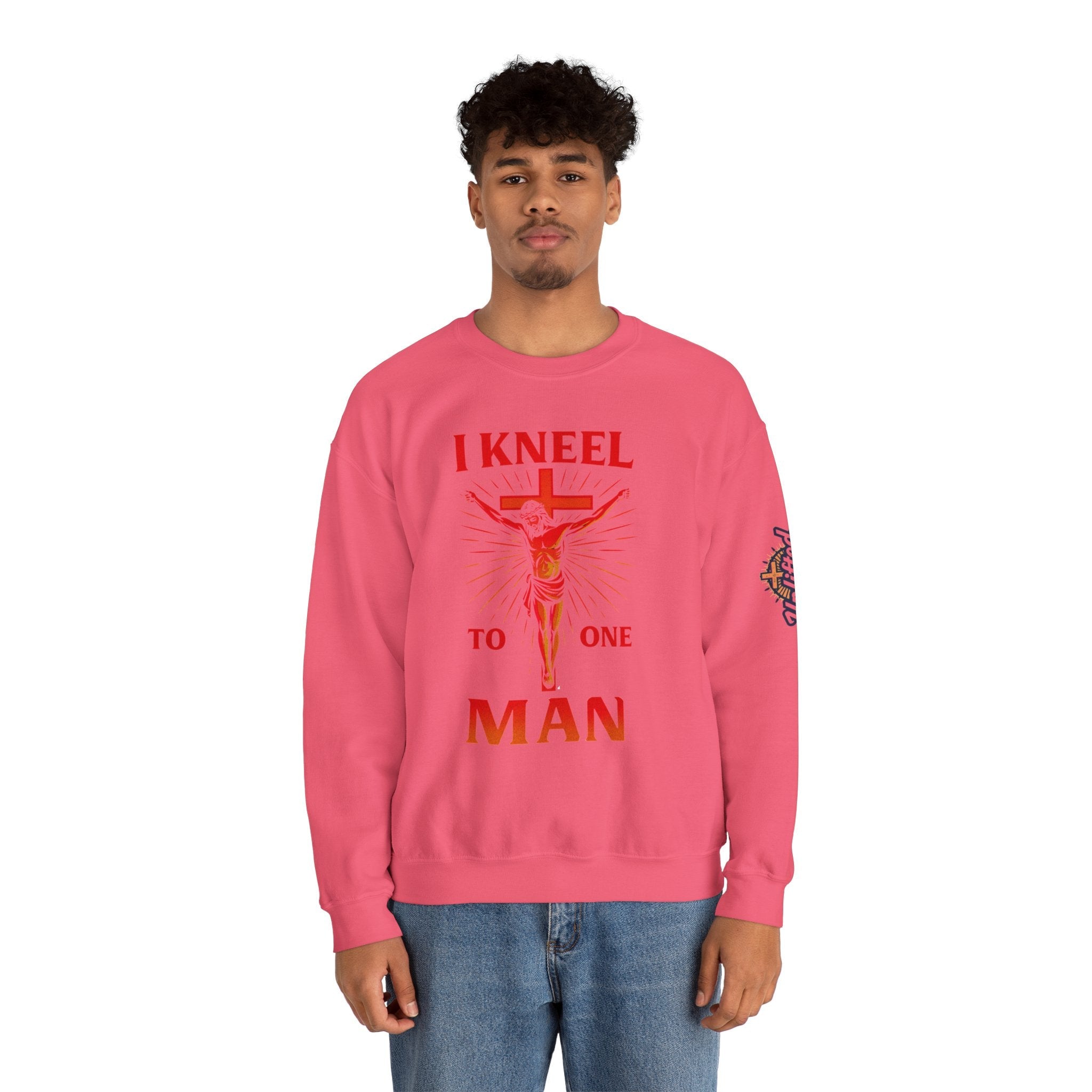 I Kneel to One Man Sweatshirt – Crucifixion Christian Sweatshirt for Unashamed Devotion & Bold Faith Printify