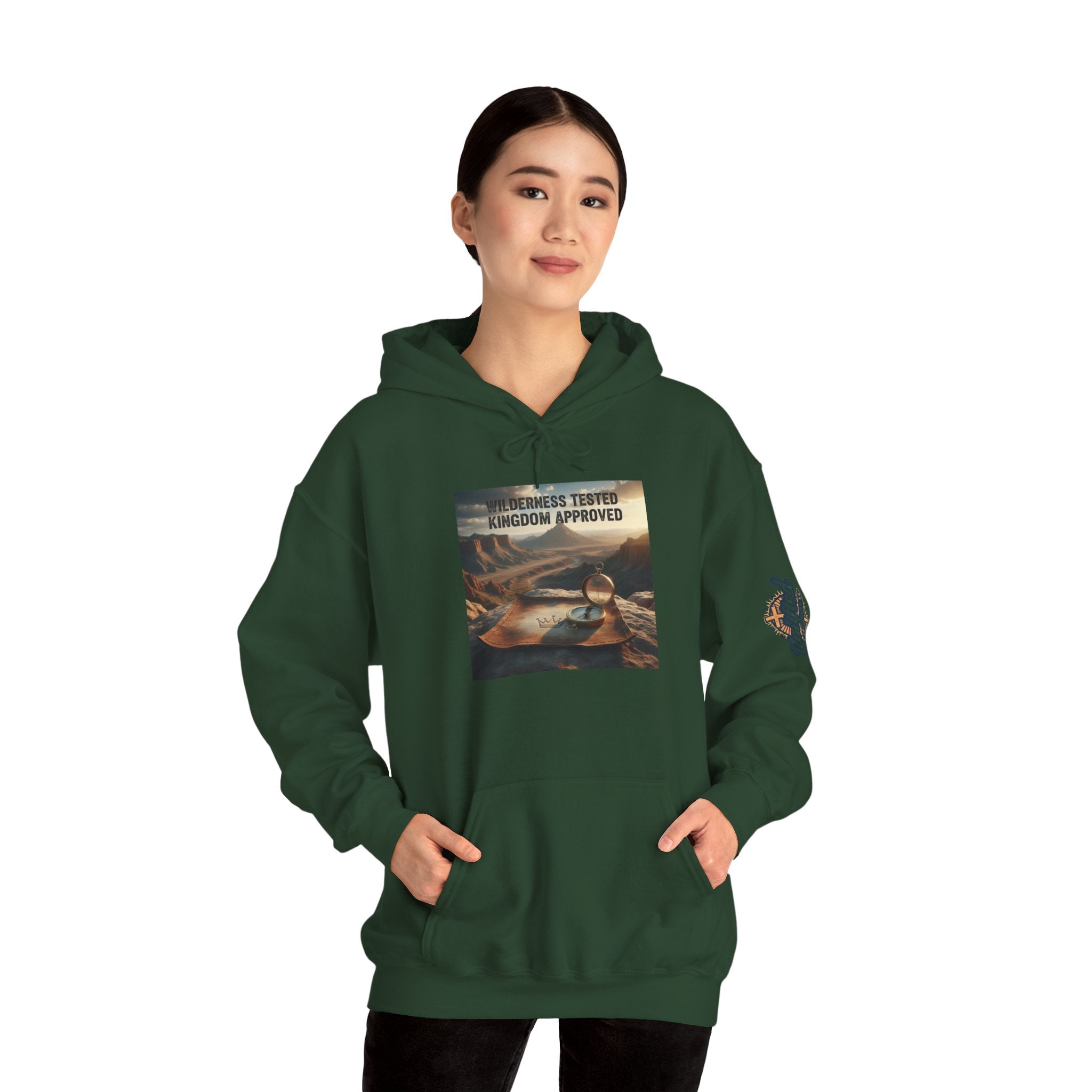 Wilderness Tested Kingdom Approved Hoodie – Mountain Desert Compass Crown Christian Sweatshirt for Biblical Adventure Faith Printify